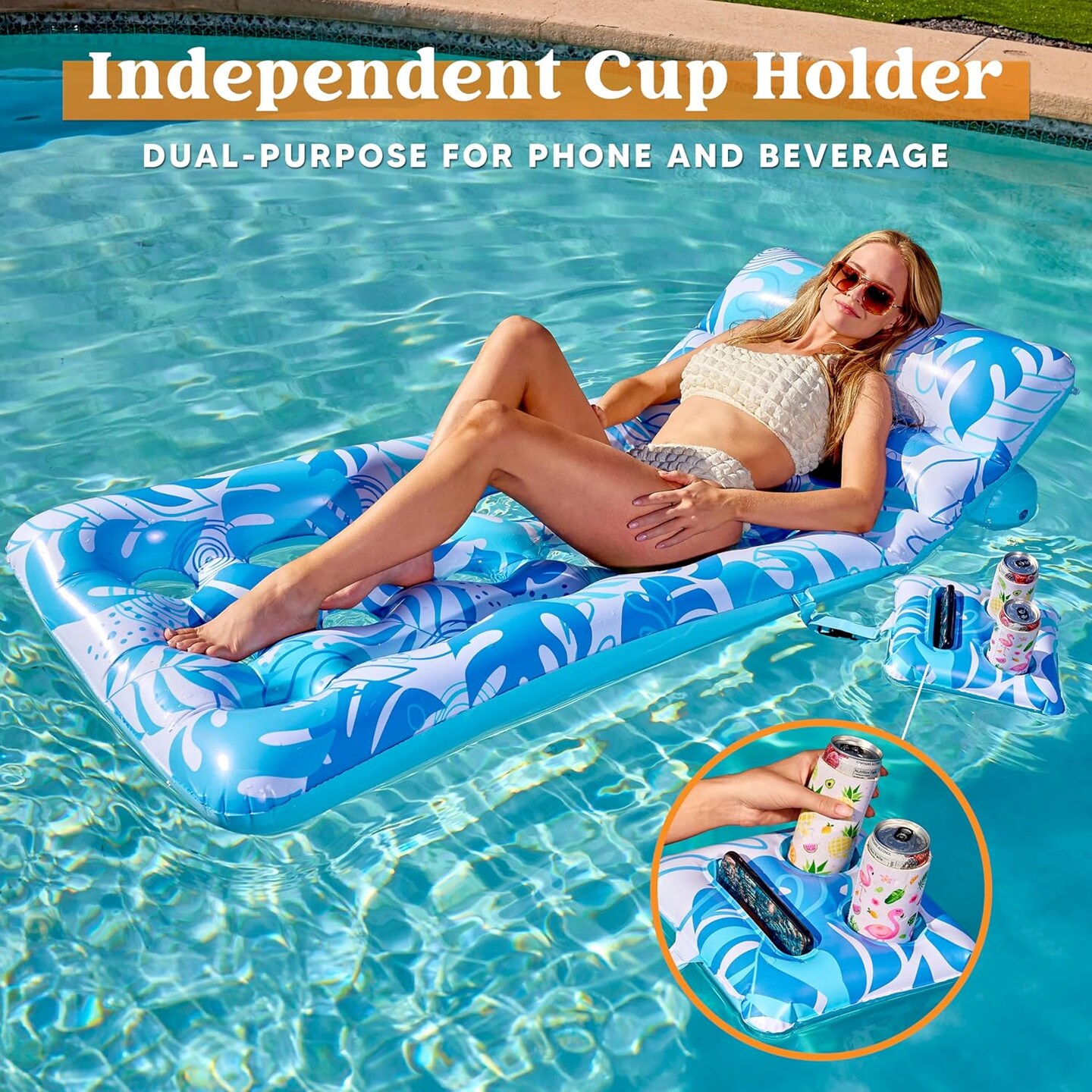 Adjustable Backrest Pool Floats - Tropical Leaves Pool Lounger Floaties Adults with Cup Holders, Inflatable Tanning Float Rafts Chair Beach Lake Lounge