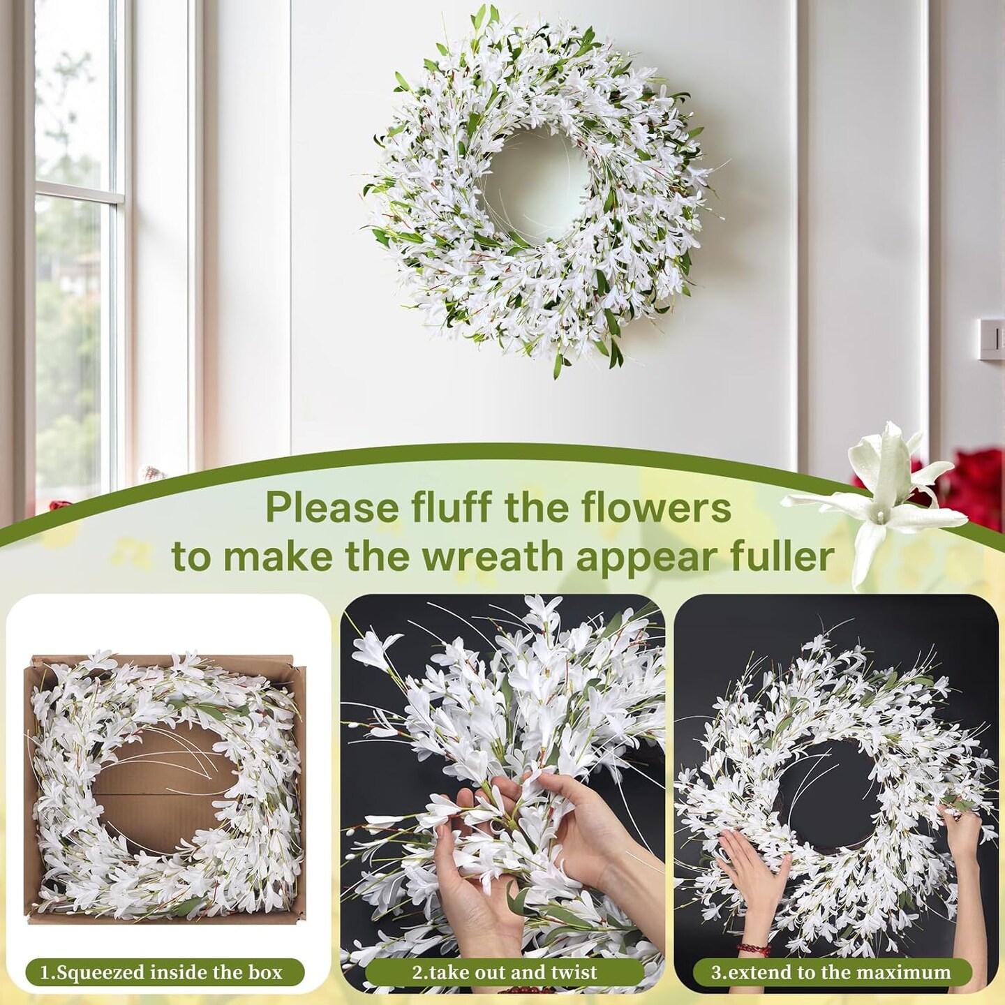 24" White Forsythia Wreath – Handmade Summer Front Door Décor