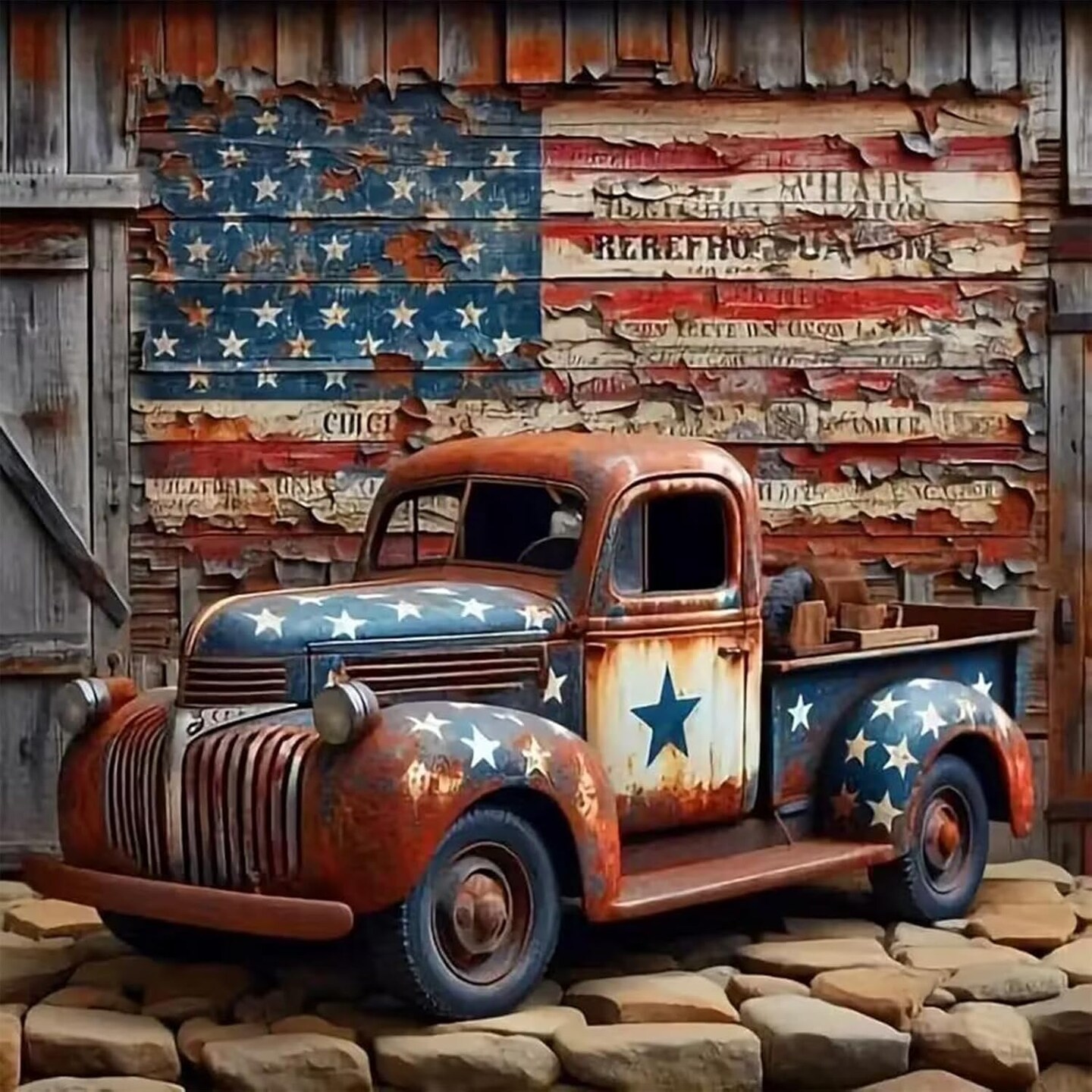 5D Truck Diamond Painting Kit – DIY Full Round Drill American Flag Art for Adults, 13.7x13.7 in, Paint-by-Diamonds Wall Decor