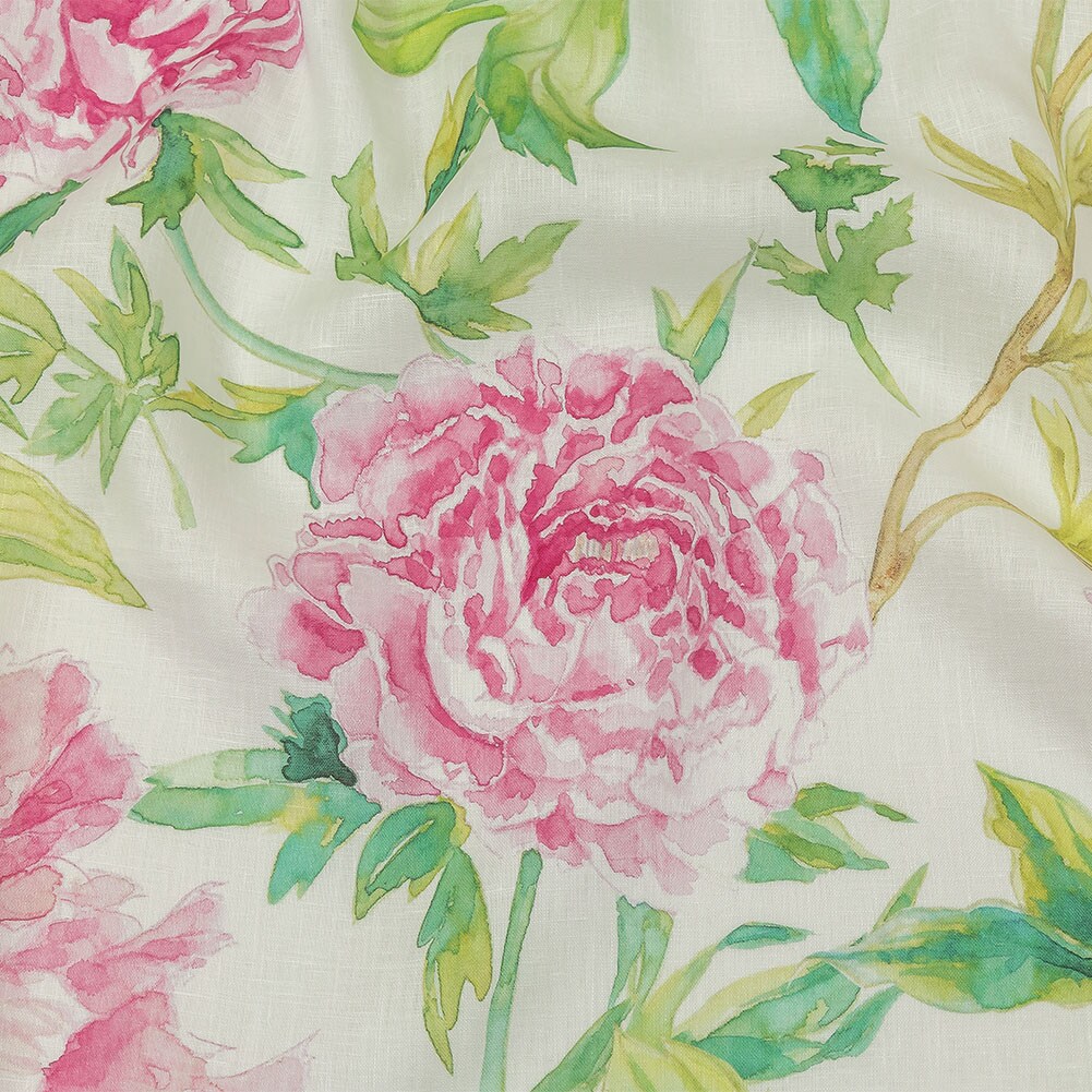 1 Yard Pink Green and White Watercolor Roses Medium Weight Linen Woven Fabric