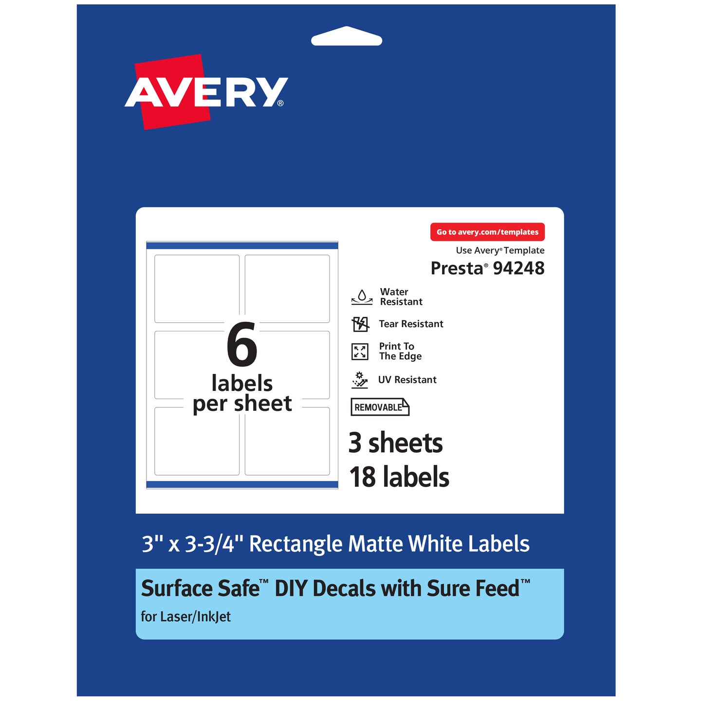 Avery Rectangle Labels with Sure Feed, 3&#x22; x 3-3/4&#x22;