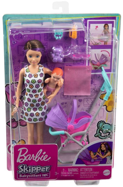 Mattel - Barbie Skipper Babysitters Inc. Stroller Playset, Brunette and Purple Hair  [COLLECTABLES] Paper Doll