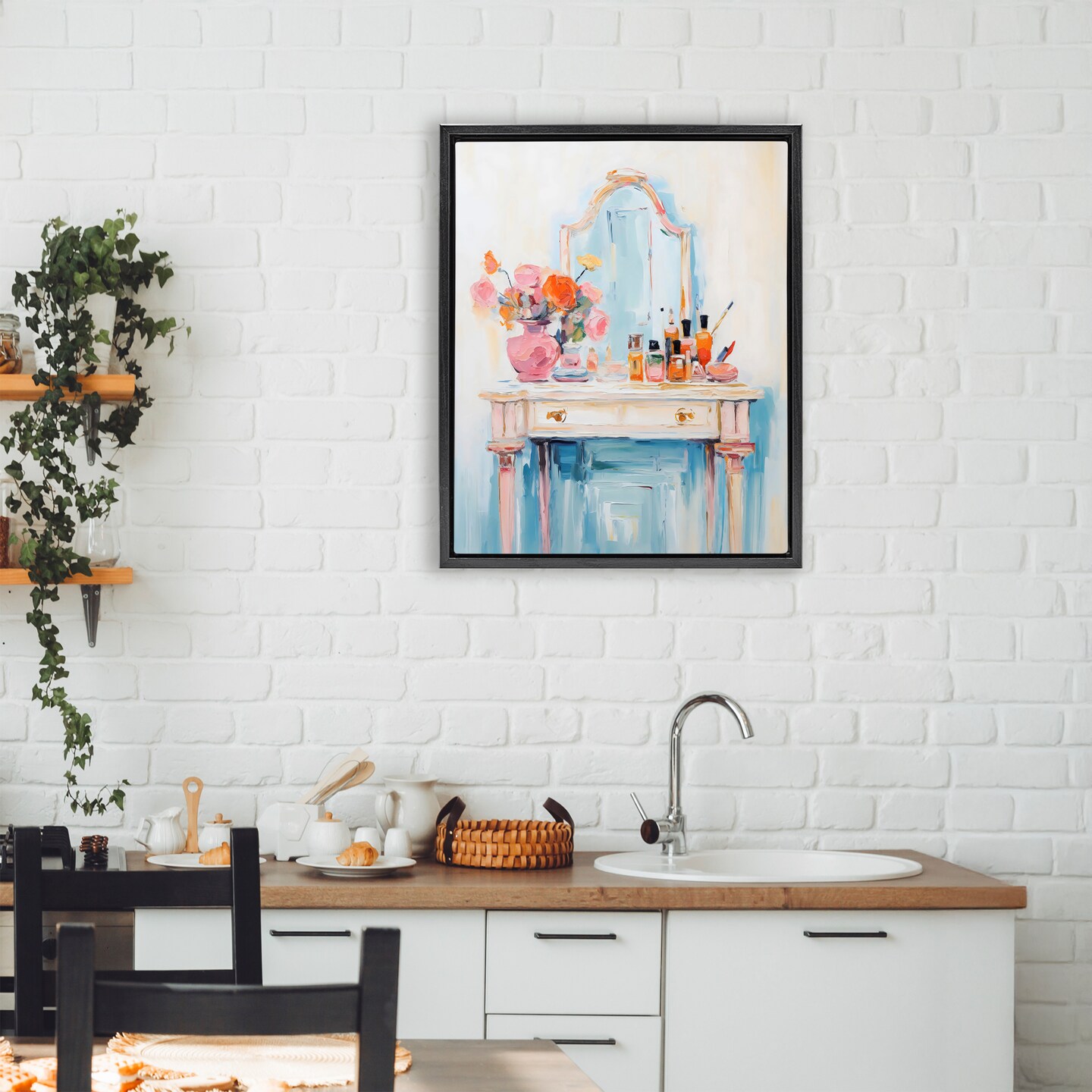 Stupell Industries Vanity with Cosmetic Bottles Black Framed Floater Canvas Wall Art, design by Creative Studio