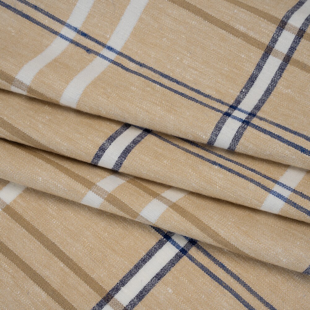 1 Yard Stretch Linen Woven Beige Navy and White Plaid with Metallic Silver Accents