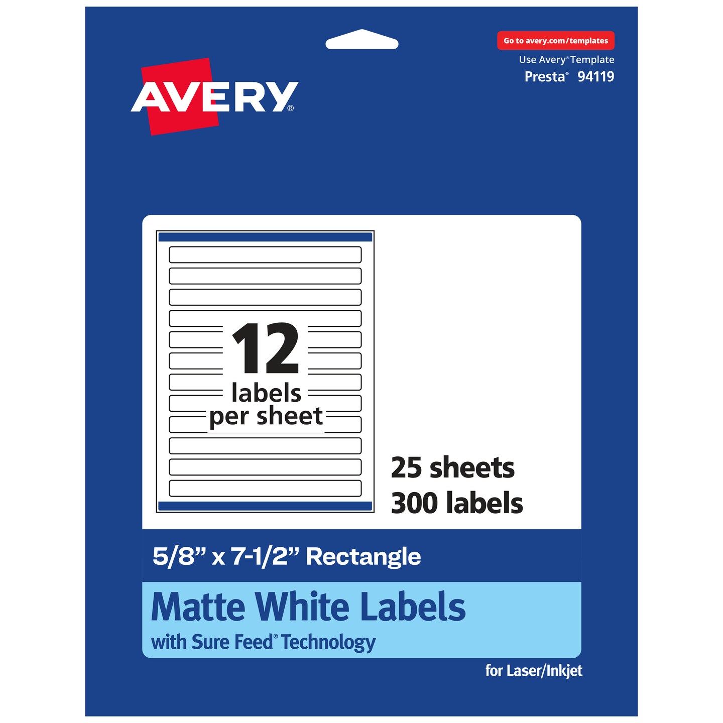 Avery Matte White Rectangle Labels with Sure Feed, 5/8" x 7-1/2"