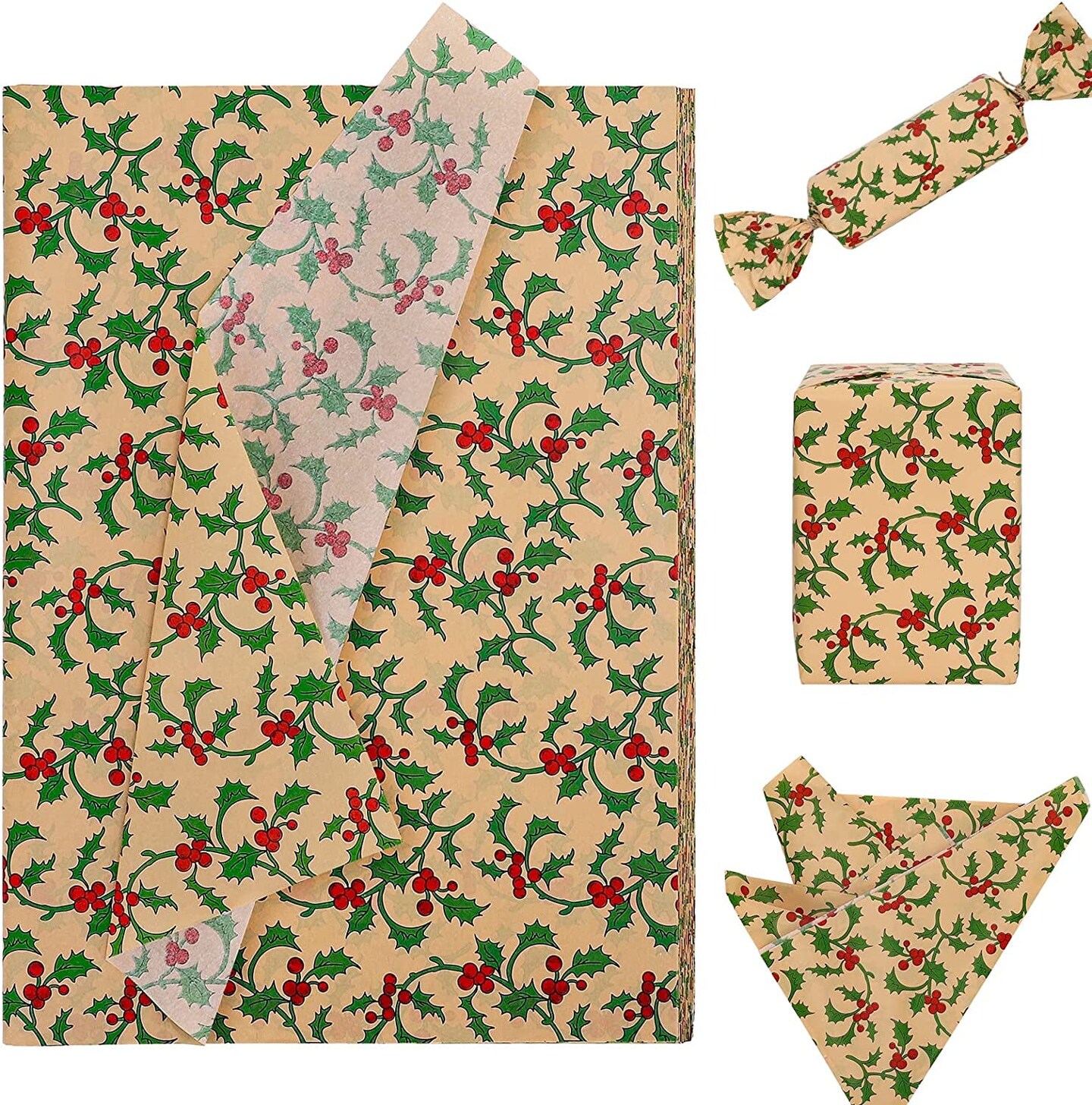 100 Sheets Christmas Tissue Paper Xmas Holy Leaves Red Berries Printed Gift Wrapping Paper Rustic Kraft Art Tissue Paper for Christmas DIY Crafts Gift Bags Winter Party Decor, 13.8 X 19.7&#x22;