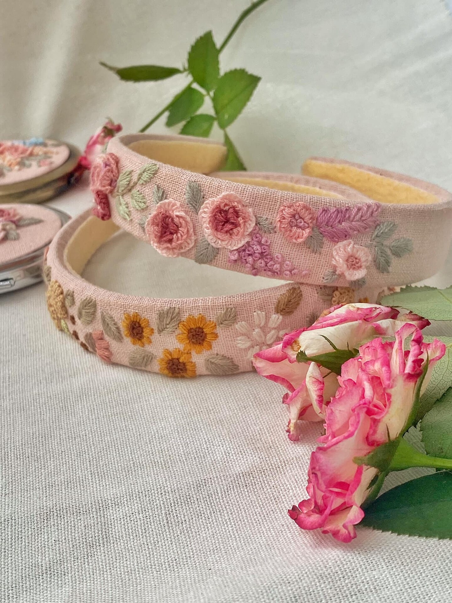 Hand embroidered headband Three dimensional embroidered floral Handmade headband Gift for shops her Bridesmaid gifts Linen cotton headband