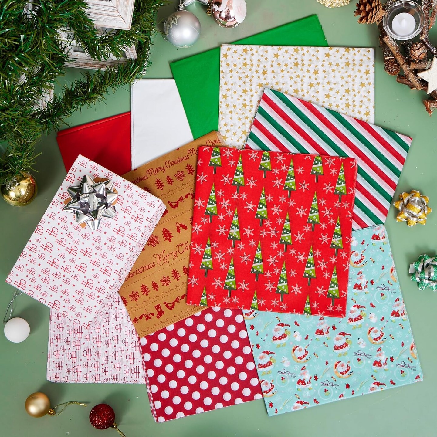 150 Sheets Christmas Tissue Paper Assorted Design; Easy and Fast Gift Wrapping Accessory Perfect for Present Boxes, Xmas Gift Wrapping Bags and Wine Bottles