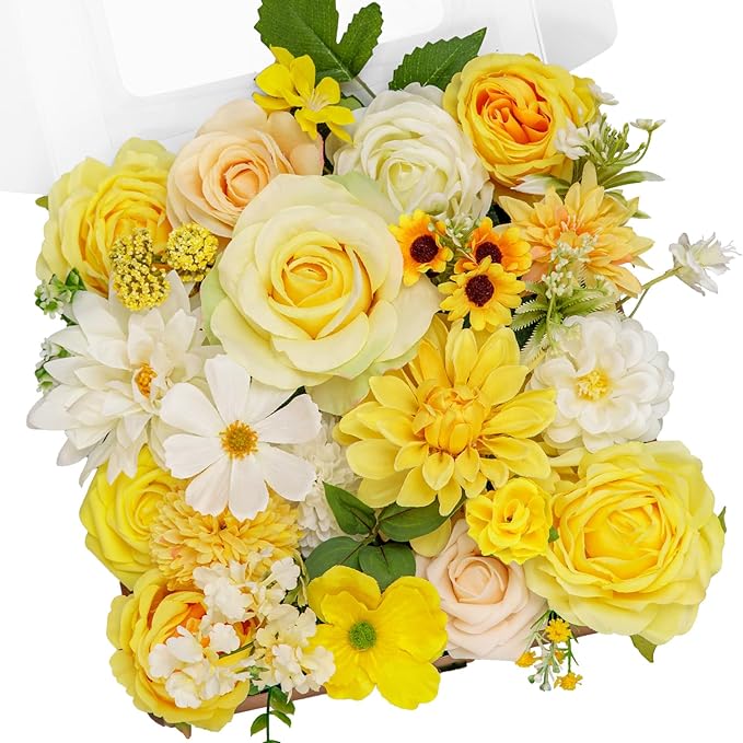 Leyaron Yellow Artificial Flower Combo Set - Silk Peonies, Dahlias, Sunflowers & Orchids with Stems for DIY Wedding Bouquets, Baby Shower Centerpieces & Home Decor - Mixed Faux Floral Box