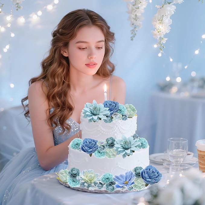 60pc Blue Artificial Flower Heads Bulk Mix - Silk Roses, Daisies, Peonies & Hydrangeas (1"-3.9") for DIY Graduation Caps, Wedding Decor, Cake Toppers & Home Garlands