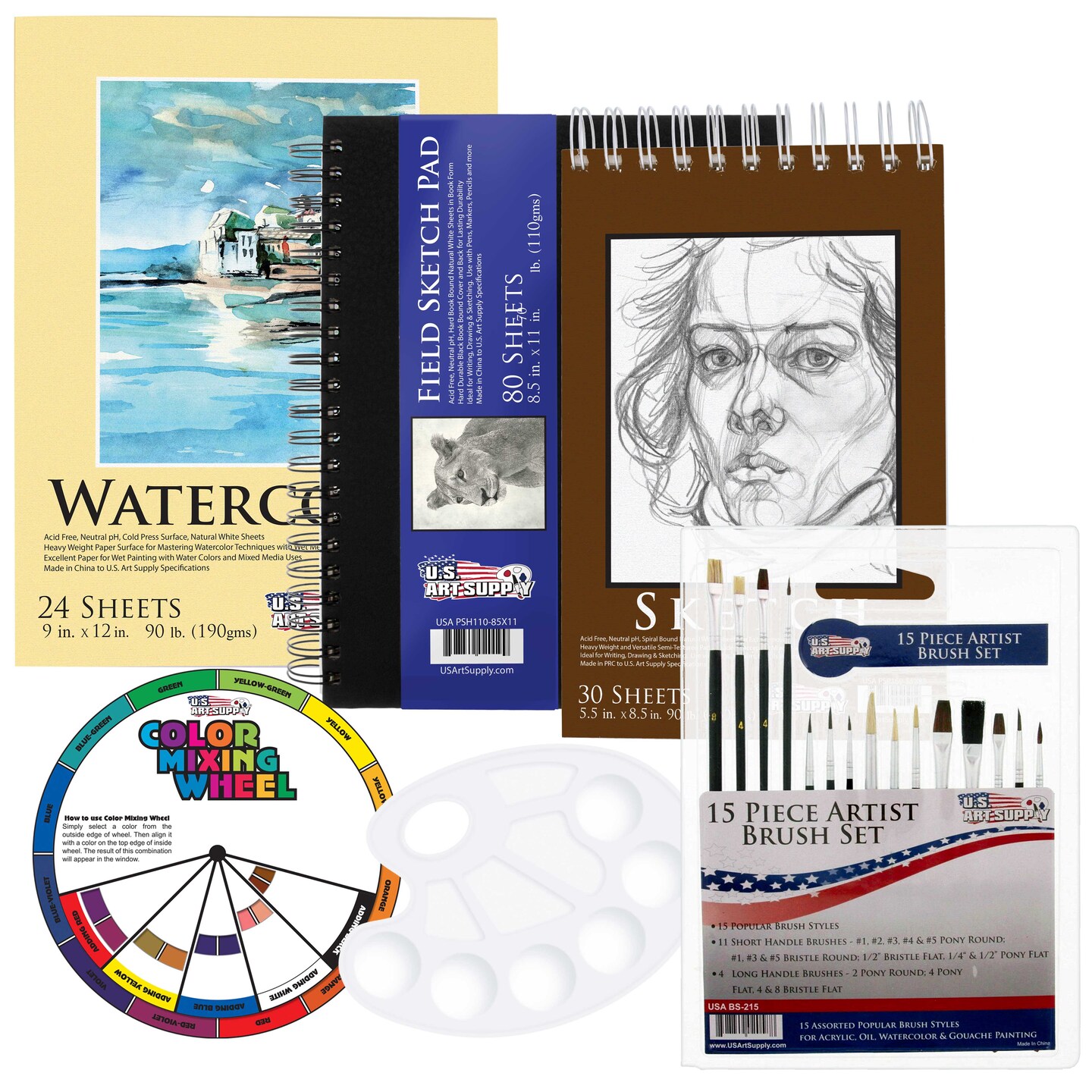 U.S. Art Supply; Artist Essentials 20-Piece Set: Watercolor Paper, Sketchbooks & Brush Art Kit - Versatile Drawing, Sketching & Painting Supplies for Beginners to Professionals; Category:Drawing Gift Sets; Image:1