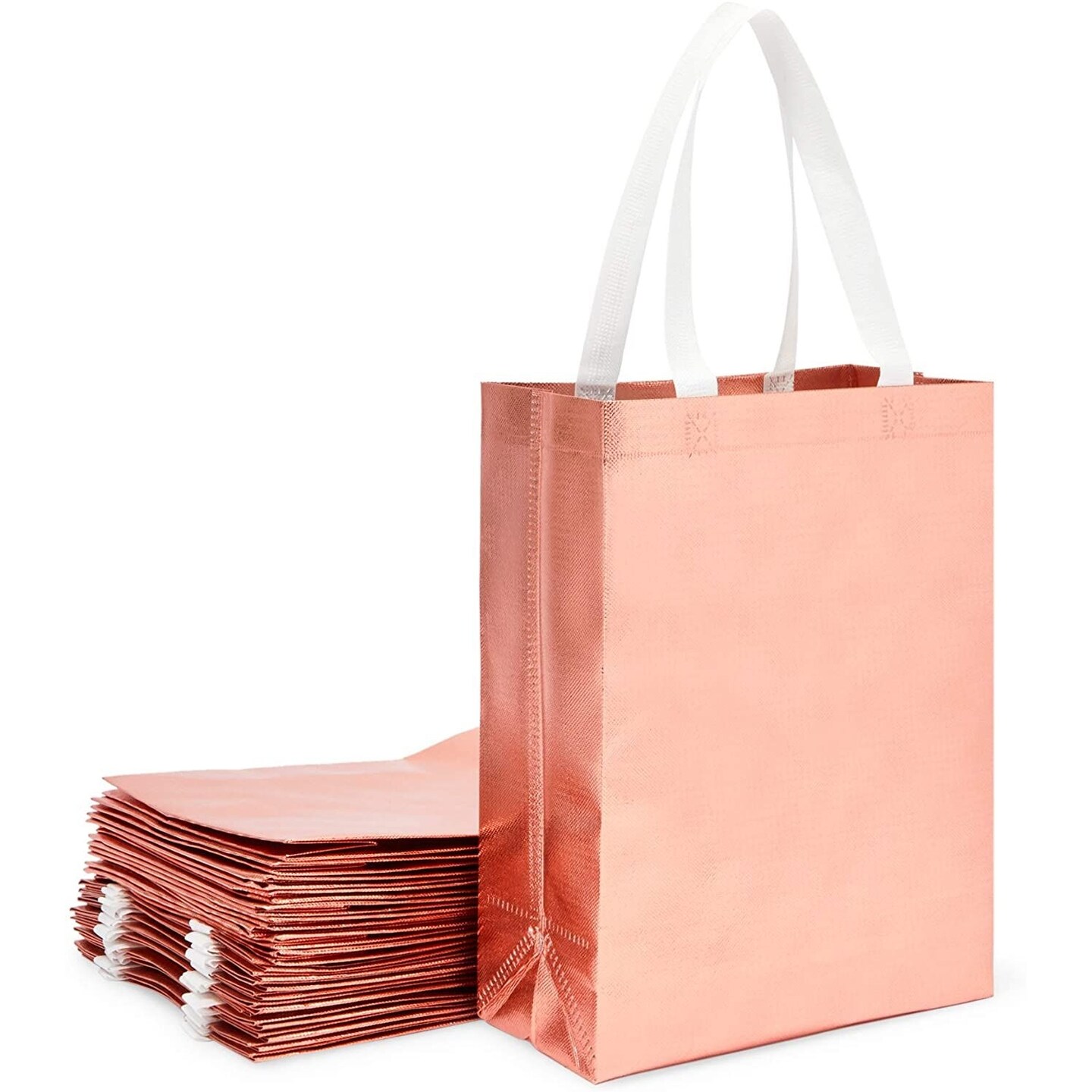 Reusable Grocery Tote Bag - Bulk Gold Shopping Bags - Foldable Utility Carrier for Storage - Party Supplies & Favor Gifts - Large, Rose Gold - Pack of 20