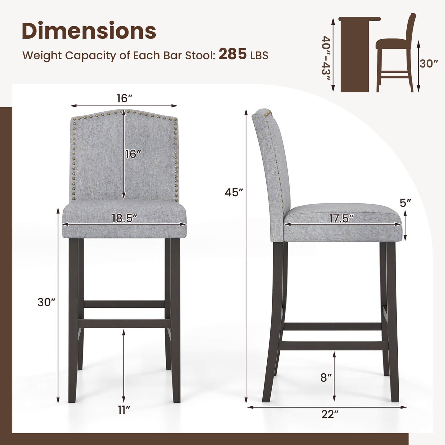 Costway Set of 2 Bar Stools 30&#x22; Upholstered Kitchen Breakfast Nailhead Bar Chairs Gray