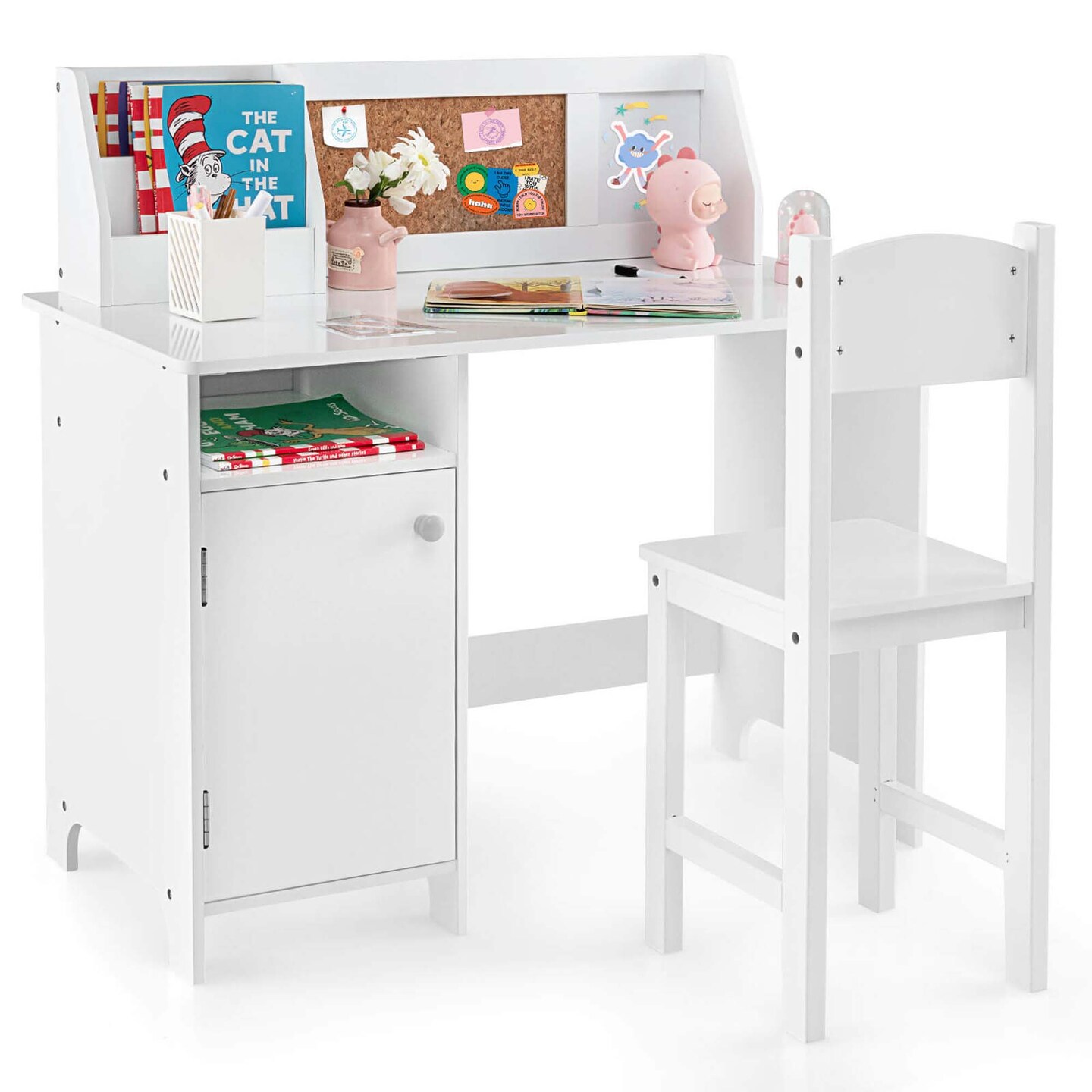Costway Kids Study Desk with Chair, Whiteboard, Marker, Hutch, Storage Cabinet Purple/White