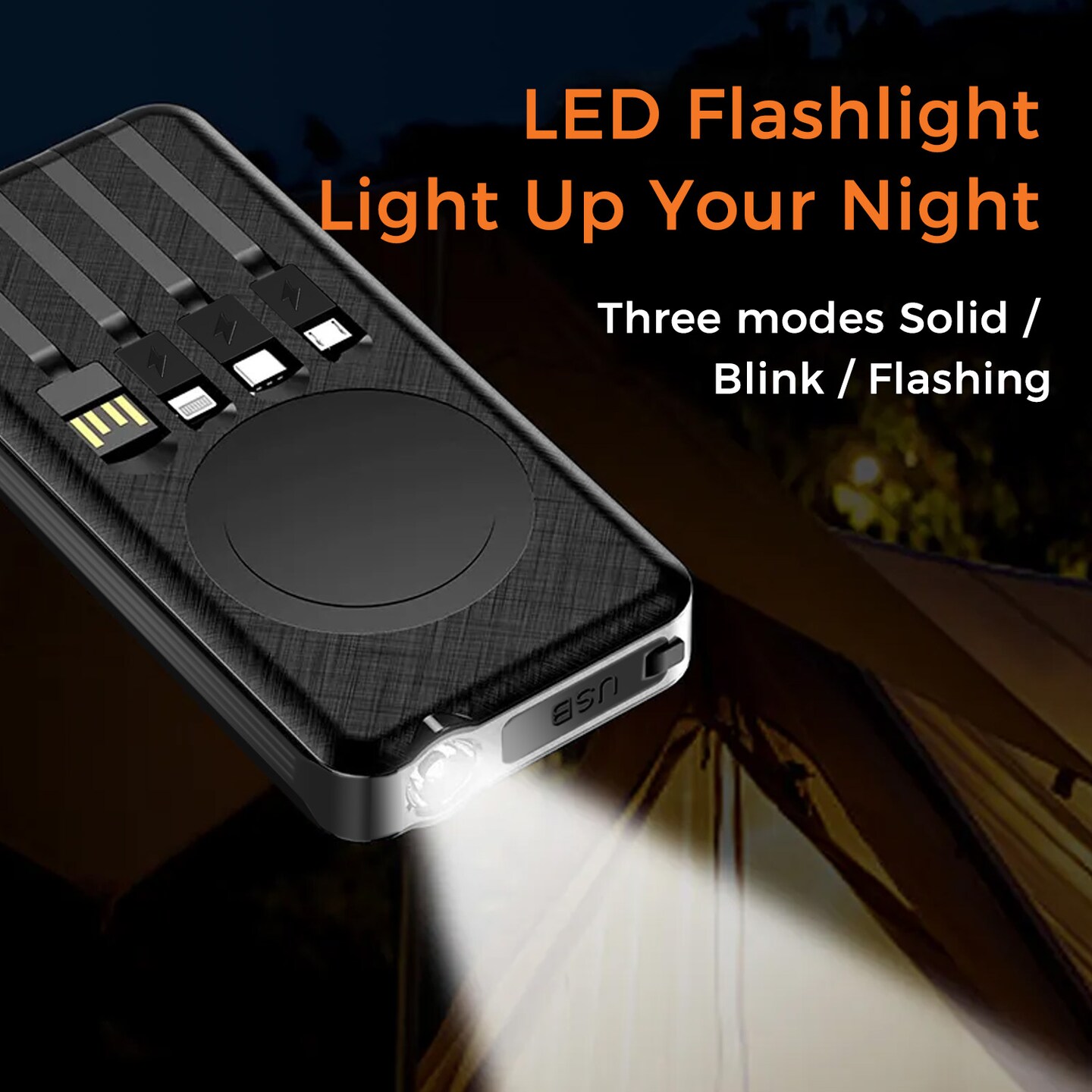 Portable Power Bank w/ Wireless Charging, 4 Built-in Cables, Solar Panel, 10000mAh Battery, IP65 Waterproof, Dustproof, LED Flashlight