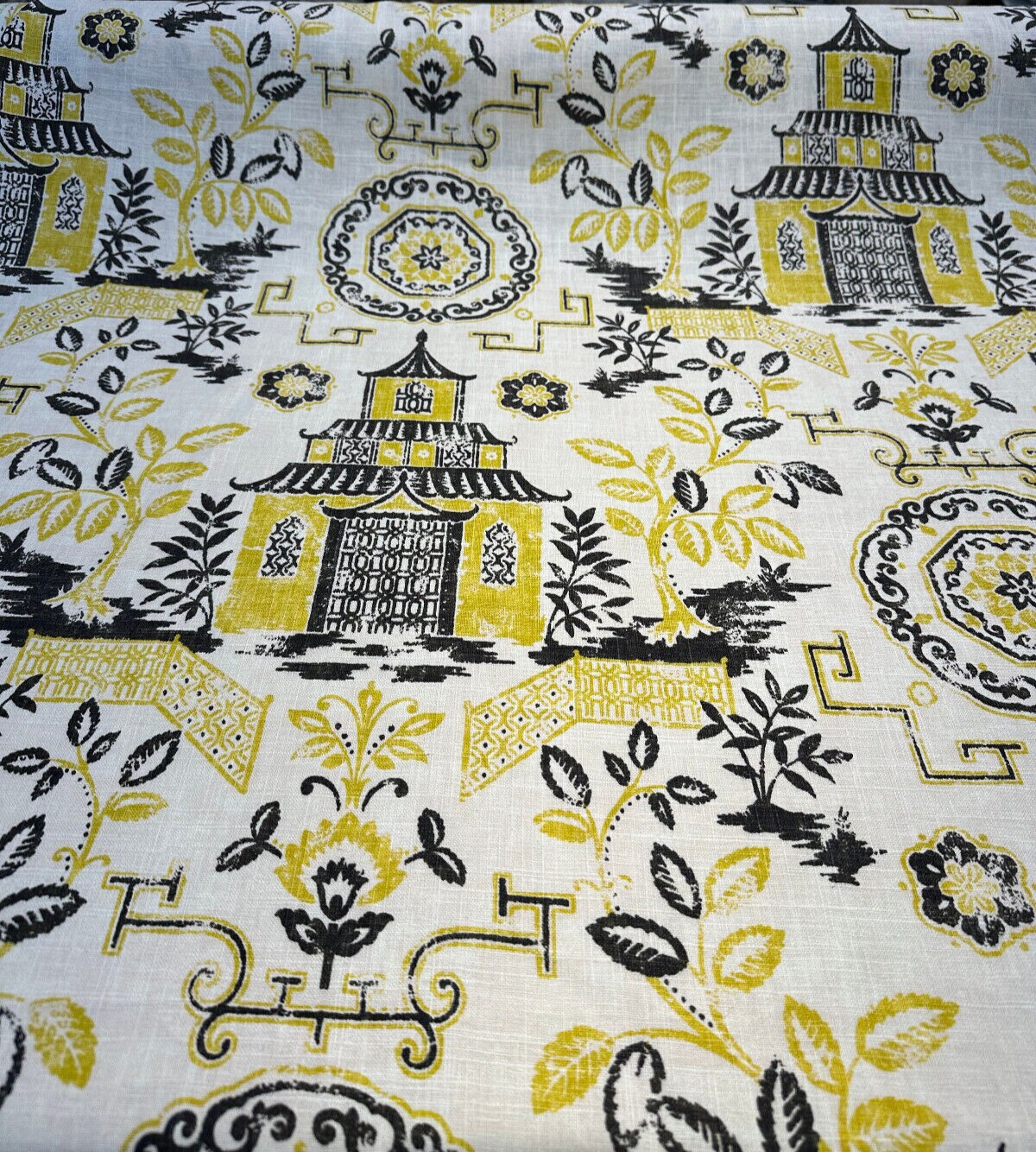 1 Yard Teahouse Toile Yellow Canary Drapery Upholstery Fabric 54 Inches Wide