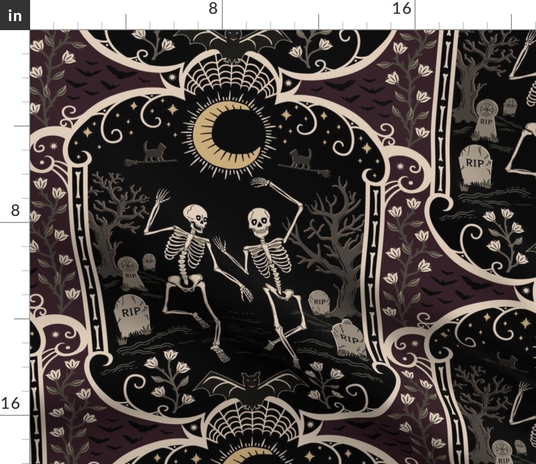Skeleton Dance Black Purple Moody Halloween Spooky Graveyard Cemetary Custom Printed Fabric by Spoonflower Various Fabrics by the Yard or Fat Quarter