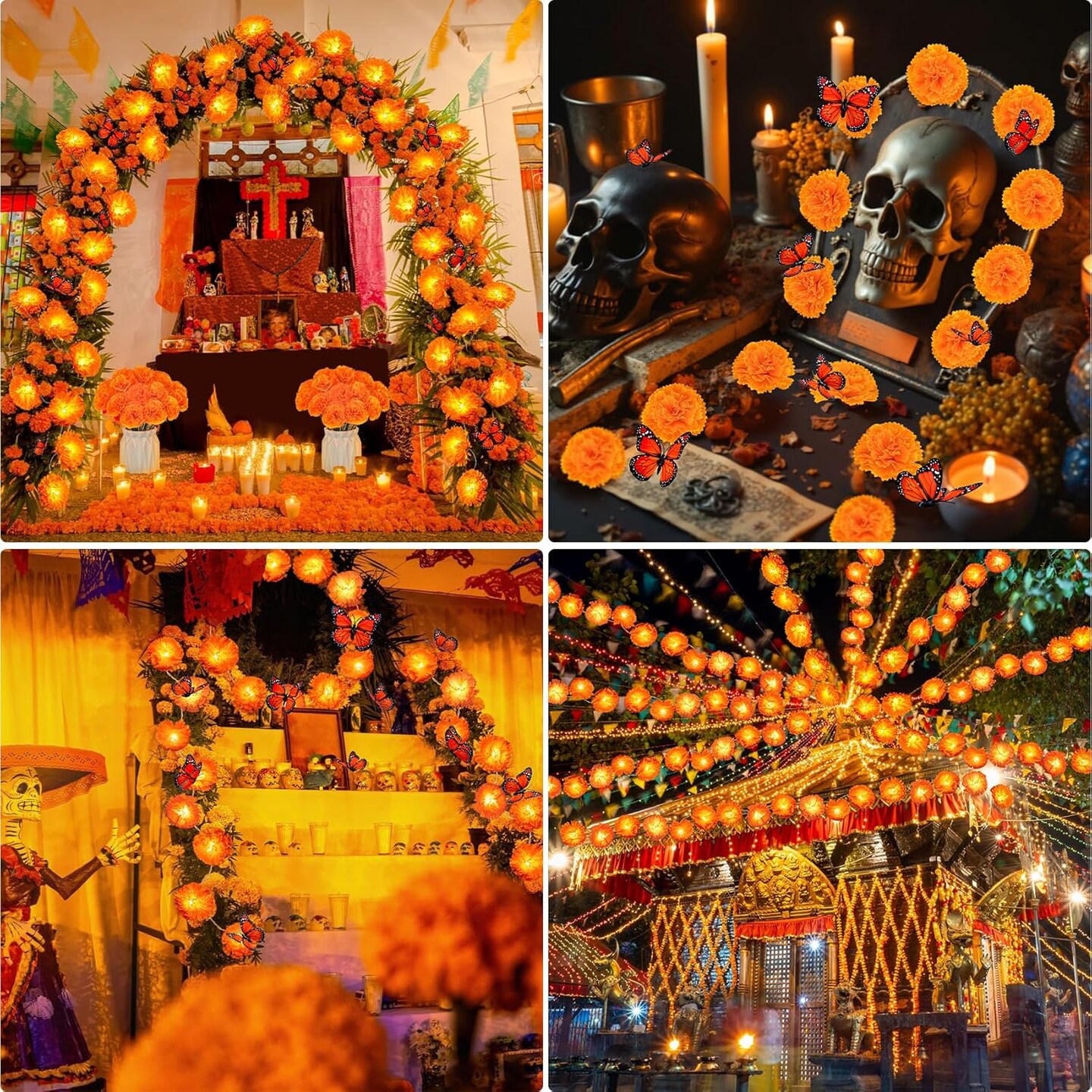 10 Ft 20 LED Marigold Garland with 30 Artificial Marigold Flowers and 12 Butterflies