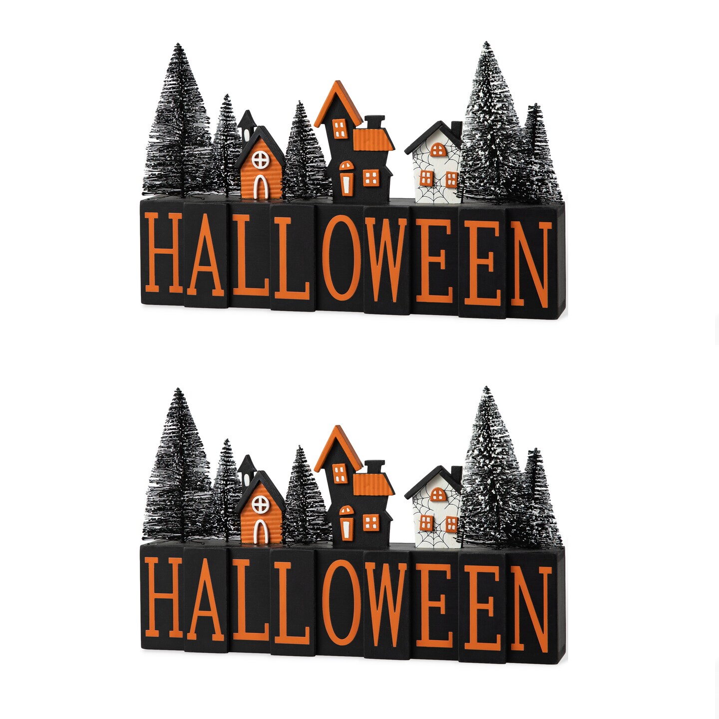 Set of 2 14&#x22;L Halloween Wooden &#x22;HALLOWEEN&#x22; Haunted House Table Sign