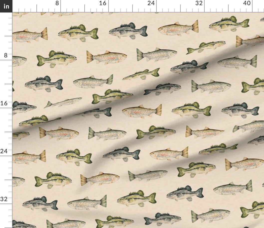 Cabincore Rustic Camping Fisherman Cabin Decor Lake House Summer Watercolor Rainbow Trout Bass Fishing Camp Fish Lodge Wilderness Wildlife Custom Printed Fabric by Spoonflower Various Fabrics by the Yard or Fat Quarter 17105519