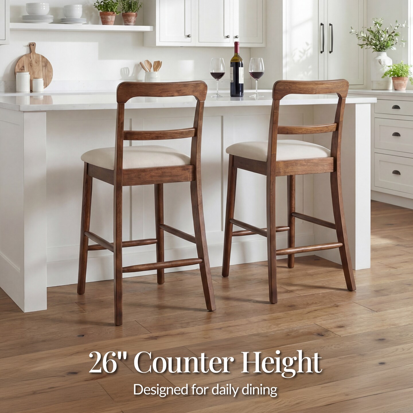 Best Choice Products Counter-Height Farmhouse Stools, Solid Wood w/ Cushion & Backrest, Set of 2
