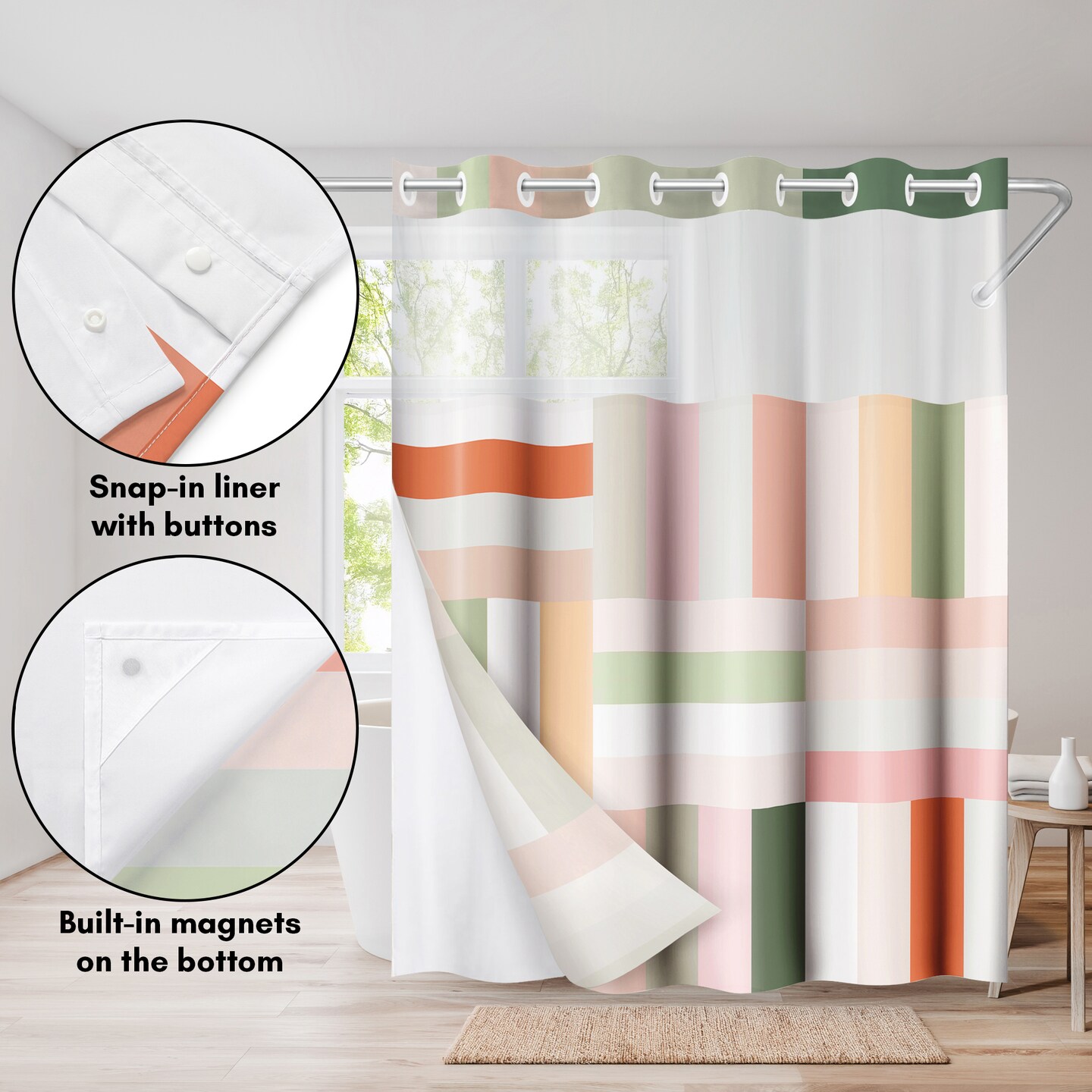 Americanflat 72x75 Hookless Shower Curtain - Abstract Pink Green Orange Shower Curtain with Sheer Panel, Snap-In Liner, and Grommets - 100% Polyester