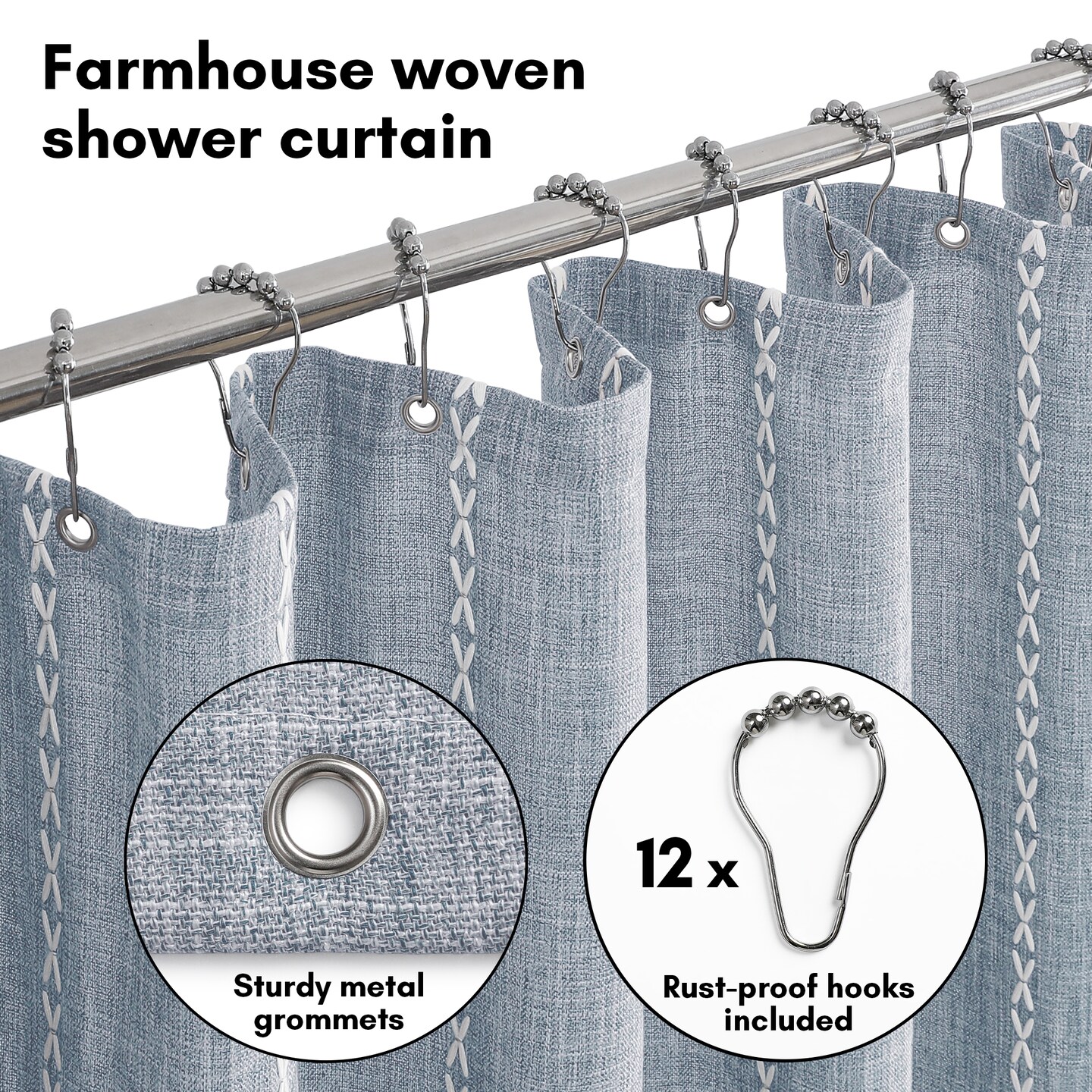Americanflat 71x71 Woven Linen Shower Curtain with Tassel Accents - Includes 12 Grommets and Hooks - 100% Polyester