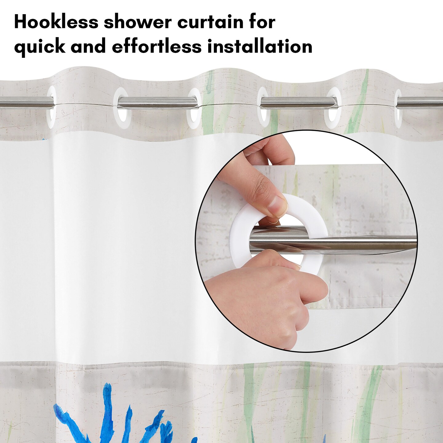 Americanflat 72x75 Hookless Shower Curtain - Coastal Orange Blue Shower Curtain with Sheer Panel, Snap-In Liner, and Grommets - 100% Polyester