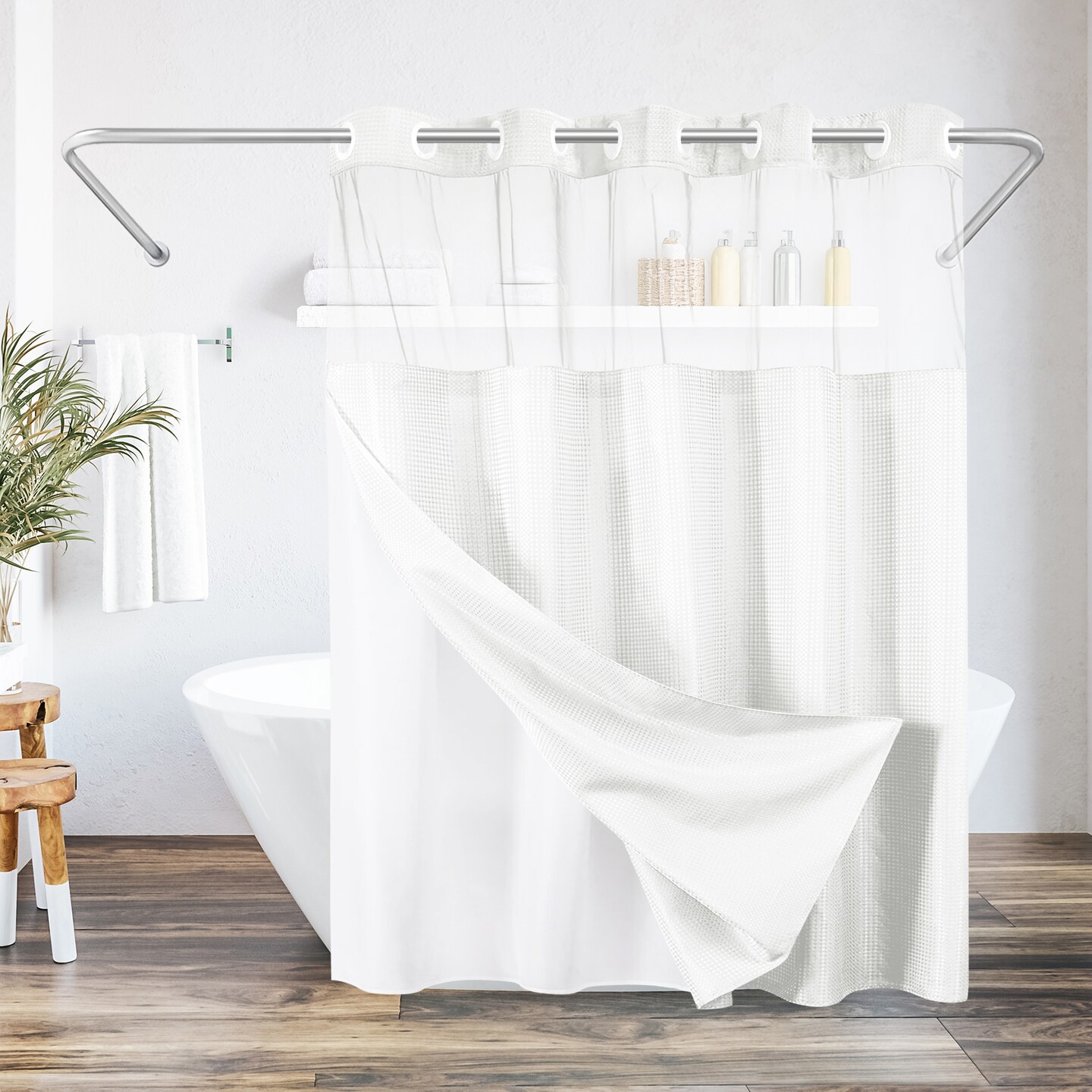 Americanflat 72x75 Hookless Waffle Pattern Shower Curtain - Water-Resistant Long Shower Curtain with Sheer Panel, Snap-In Liner, and Grommets