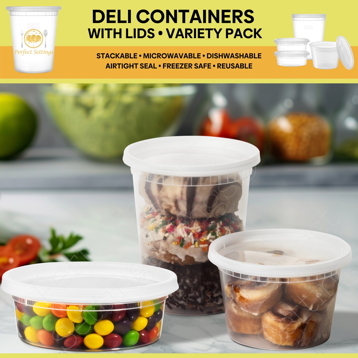 Perfect Settings Plastic Deli Containers with Lids [44 Sets] Variety Pk 8oz, 16oz &#x26; 32oz | Leakproof, Freezer Safe Soup &#x26; Food Storage | Microwavable Food Containers with Lids