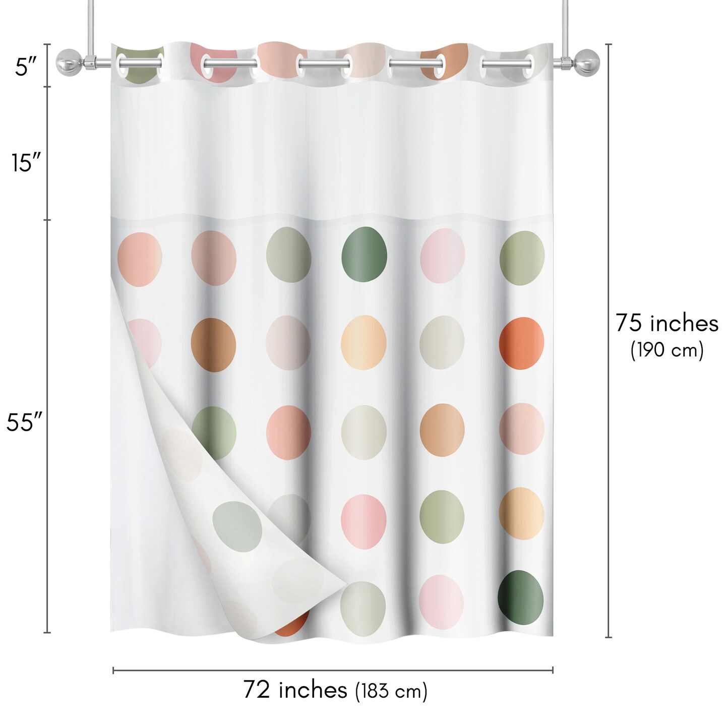 Americanflat 72x75 Hookless Shower Curtain - Polka Dot Green Orange Pink Shower Curtain with Sheer Panel, Snap-In Liner, and Grommets