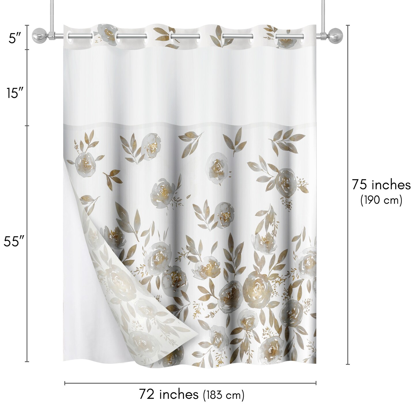 Americanflat 72x75 Hookless Shower Curtain - Floral Gold Grey Shower Curtain with Sheer Panel, Snap-In Liner, and Grommets - 100% Polyester