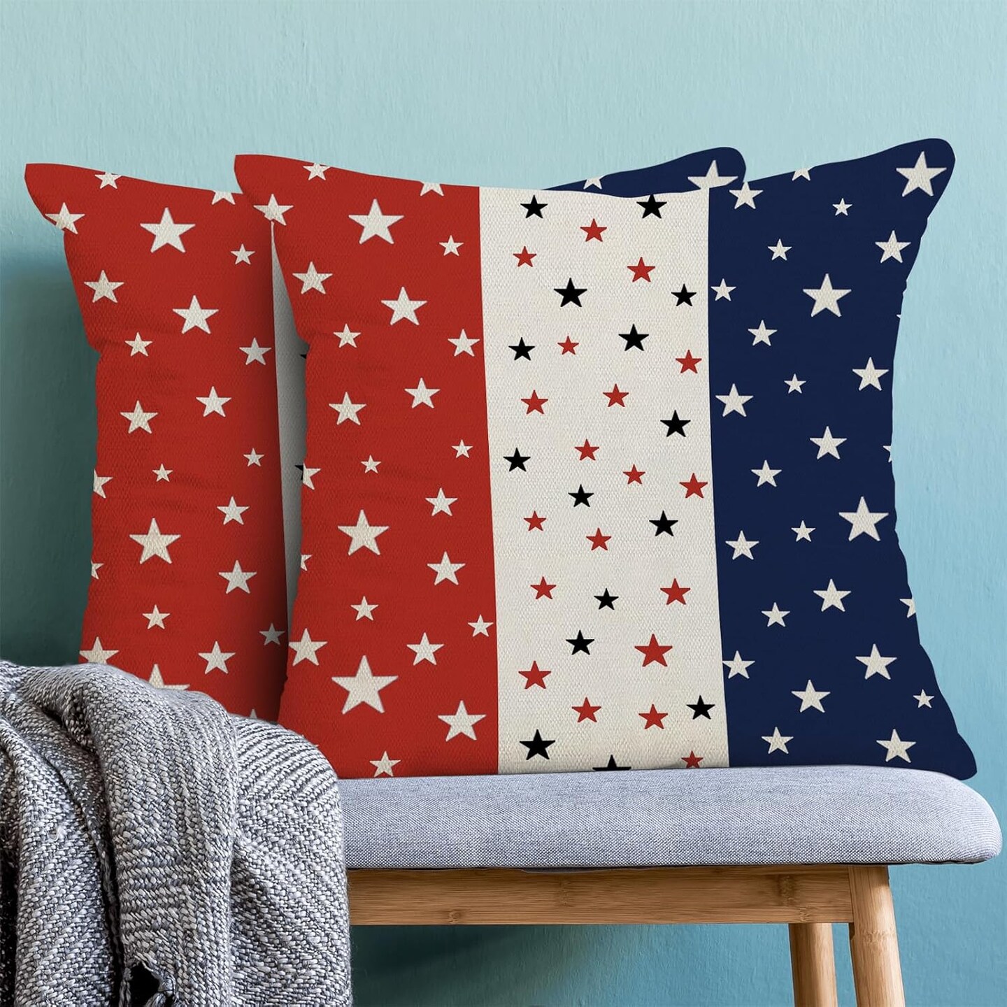 4th of July Pillow Covers 16x16, Set of 2 Patriotic Red, White & Blue Throw Pillow Covers for Indoor & Outdoor Decor, American Flag Linen Cushion Covers for Sofa, Bed, Car