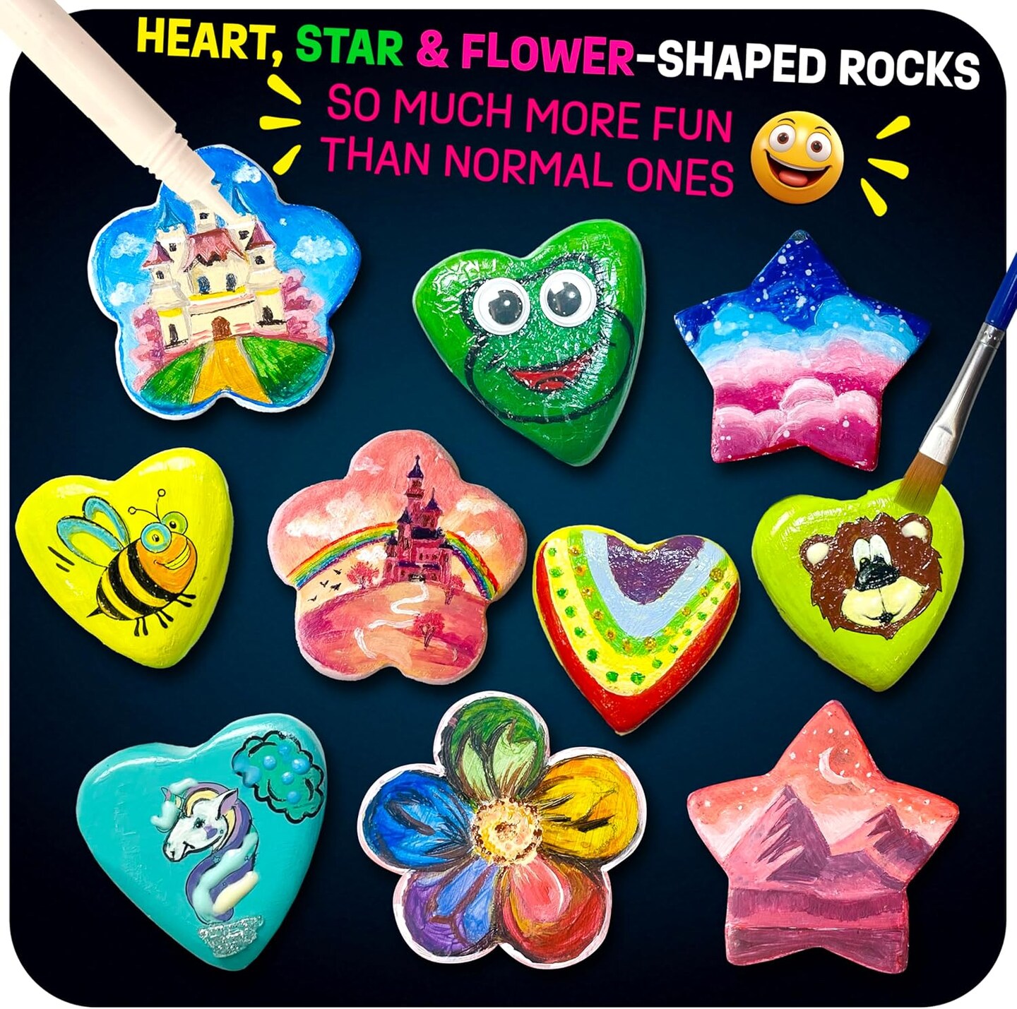 Kids Ages 6-12 -Heart, Flower &#x26; Star Shaped Rocks - Glow in The Dark Rock Painting Kit