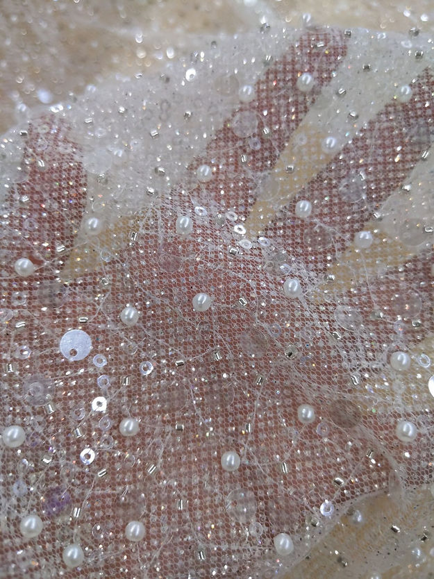 1 Yard All Over Beads and Sequins Bridal Lace Glitter Mesh Fabric 100% Polyester 59/60" Wide