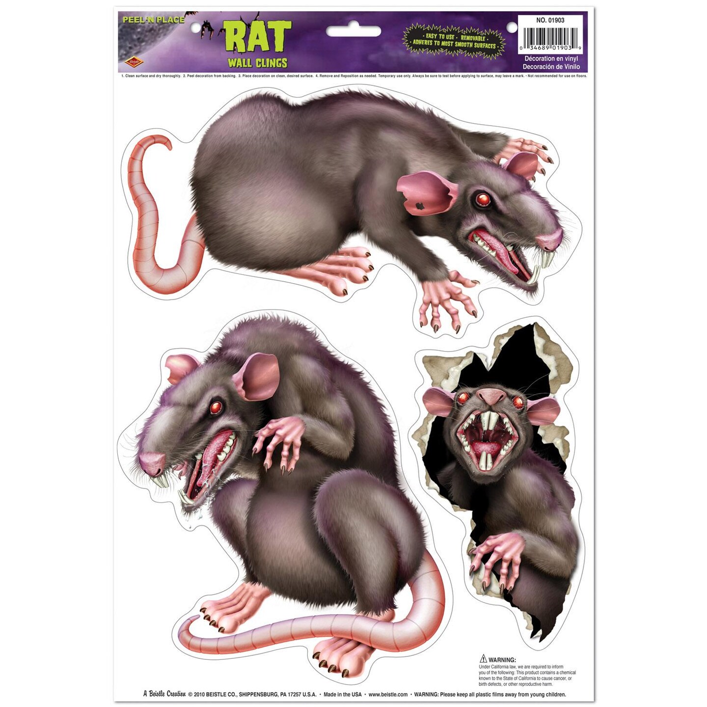 36 Piece Beistle Halloween Rats Peel &#x27;N Place Clings