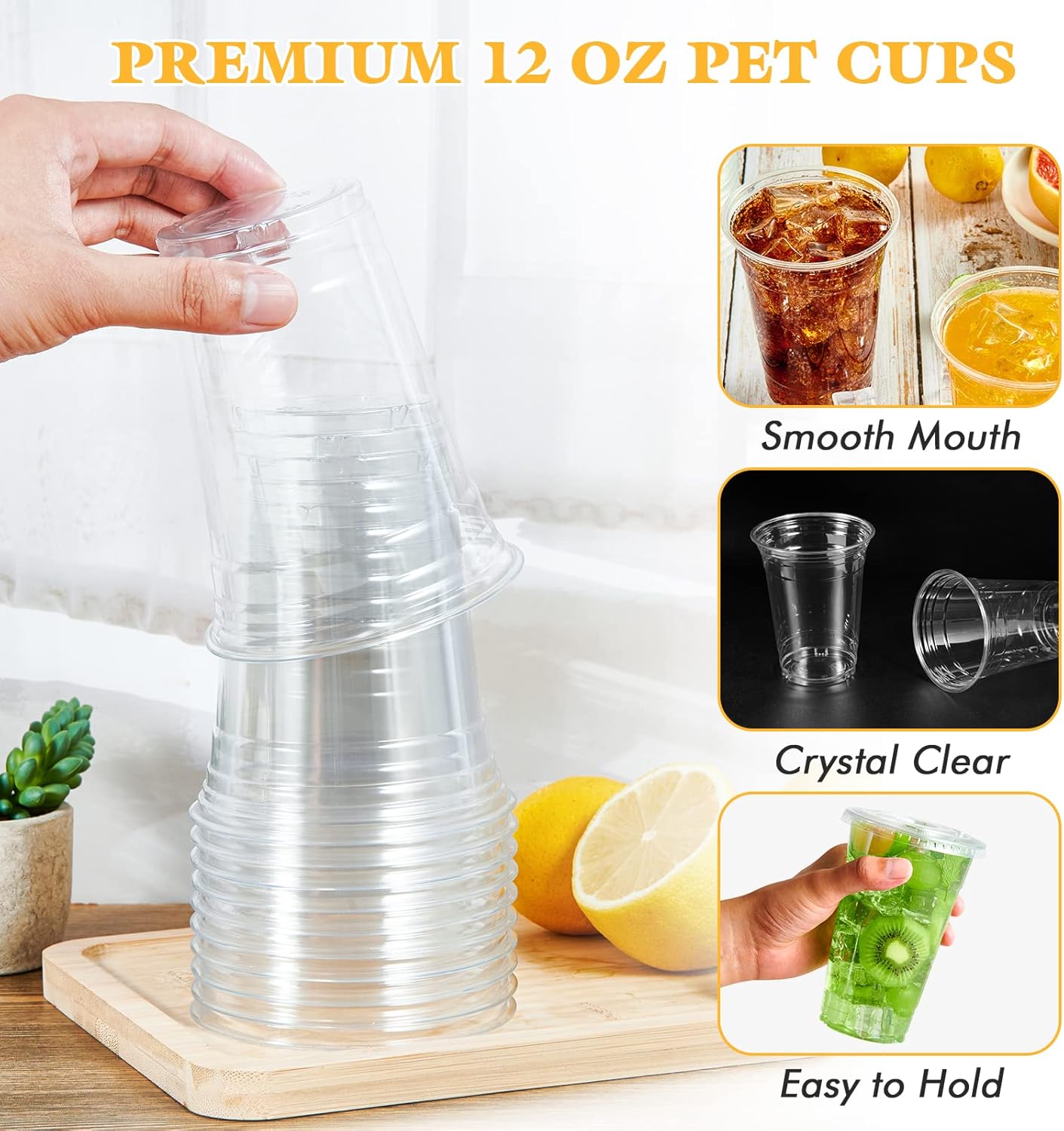 200 Pack 12 OZ PET Clear Plastic Cups with Lids, 12 OZ Crystal Cold Disposable Drinking Plastic Cups with Flat Lids, Perfect for Ice Coffee, Smoothie, Juice