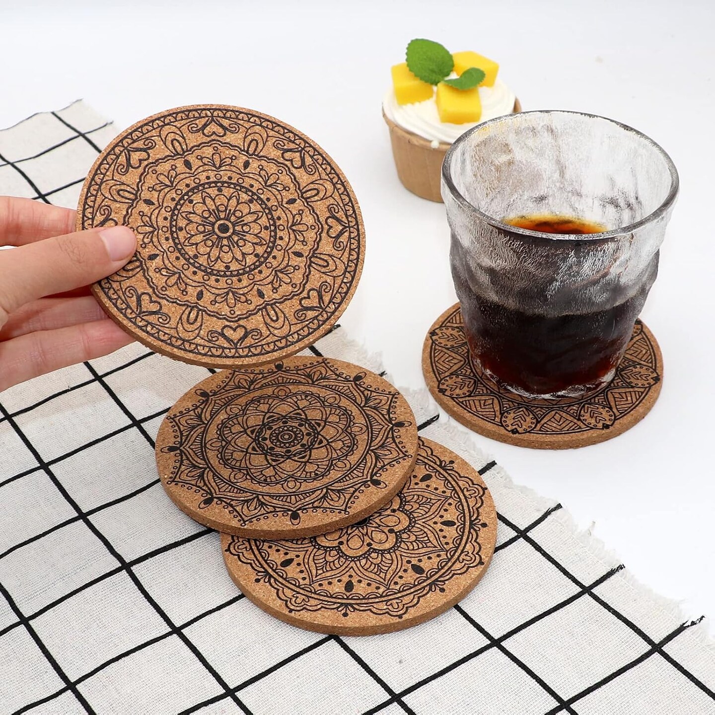 Coasters for Drinks 12 pcs Absorbent Cork Coasters with Flower Pattern Housewarming Gifts for New Home Present for Friends, Living Room Decor, Apartment Decor
