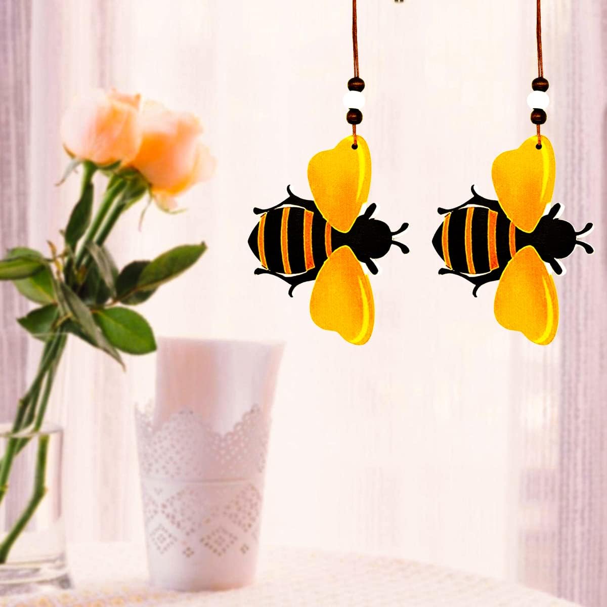 10 PCS Bee Ornaments Wooden Bumble Bees Cutouts Decorations for Tree Tree Tray Wreath Christmas Festival Bee Sign Art Crafts Home Hanging Decor, Bulk