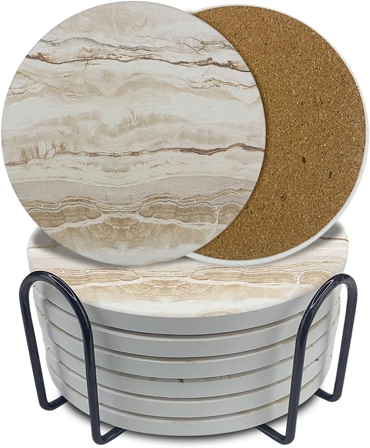 Ceramic Coasters Set of 6, Marble-Textured Design with Holder - Absorbent Cork-Backed Coasters for Cups, Bar & Coffee Table Decor Accessories (Khaki Marble, 6 Pack)
