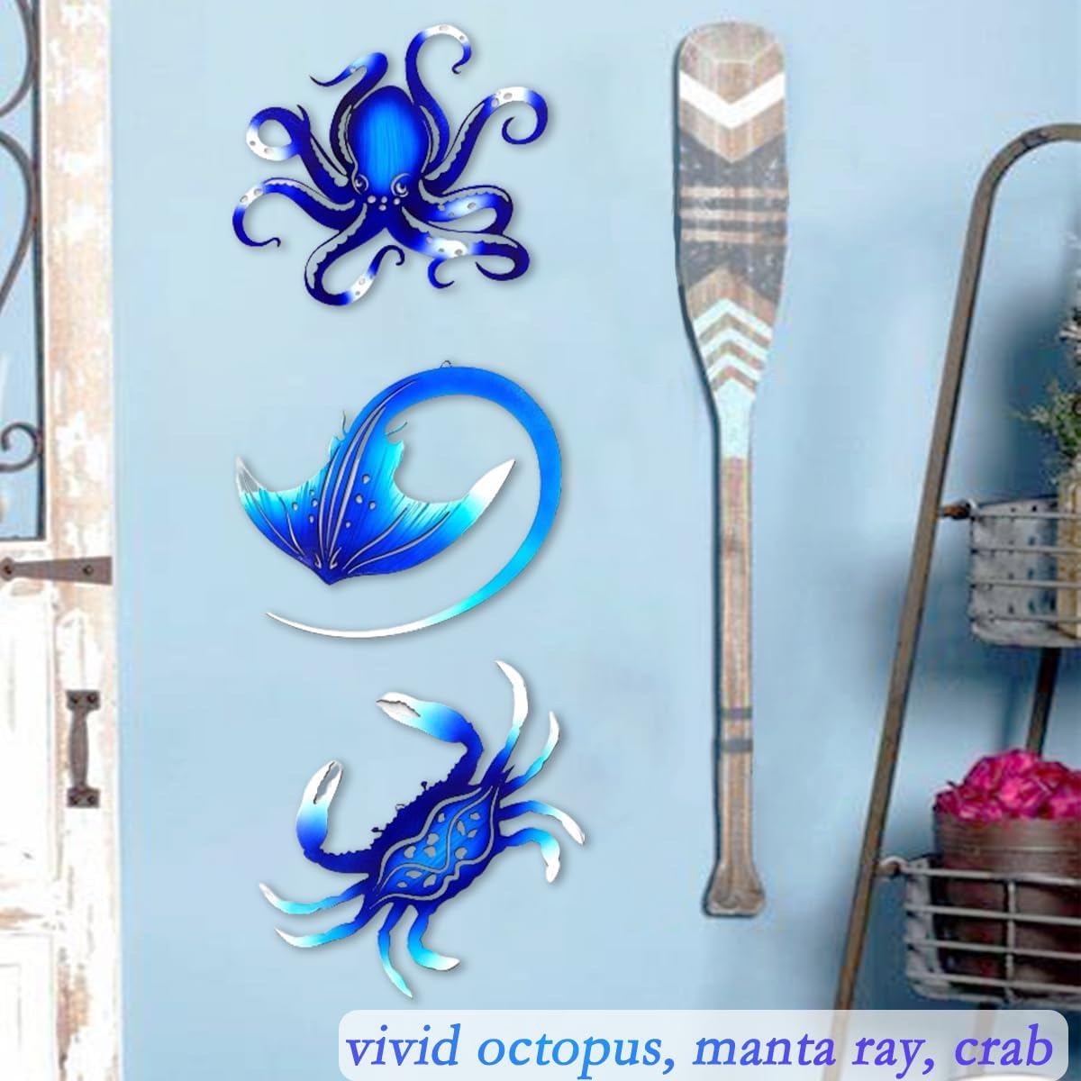 Summer Metal Wall Art Decor Octopus Crab Manta Ray Coastal Nautical Ocean Decor Concise 9'' Set of 3 Hanging Decorations for Bathroom Beach Indoor Outdoor Pool Home Bedroom Living Room Blue