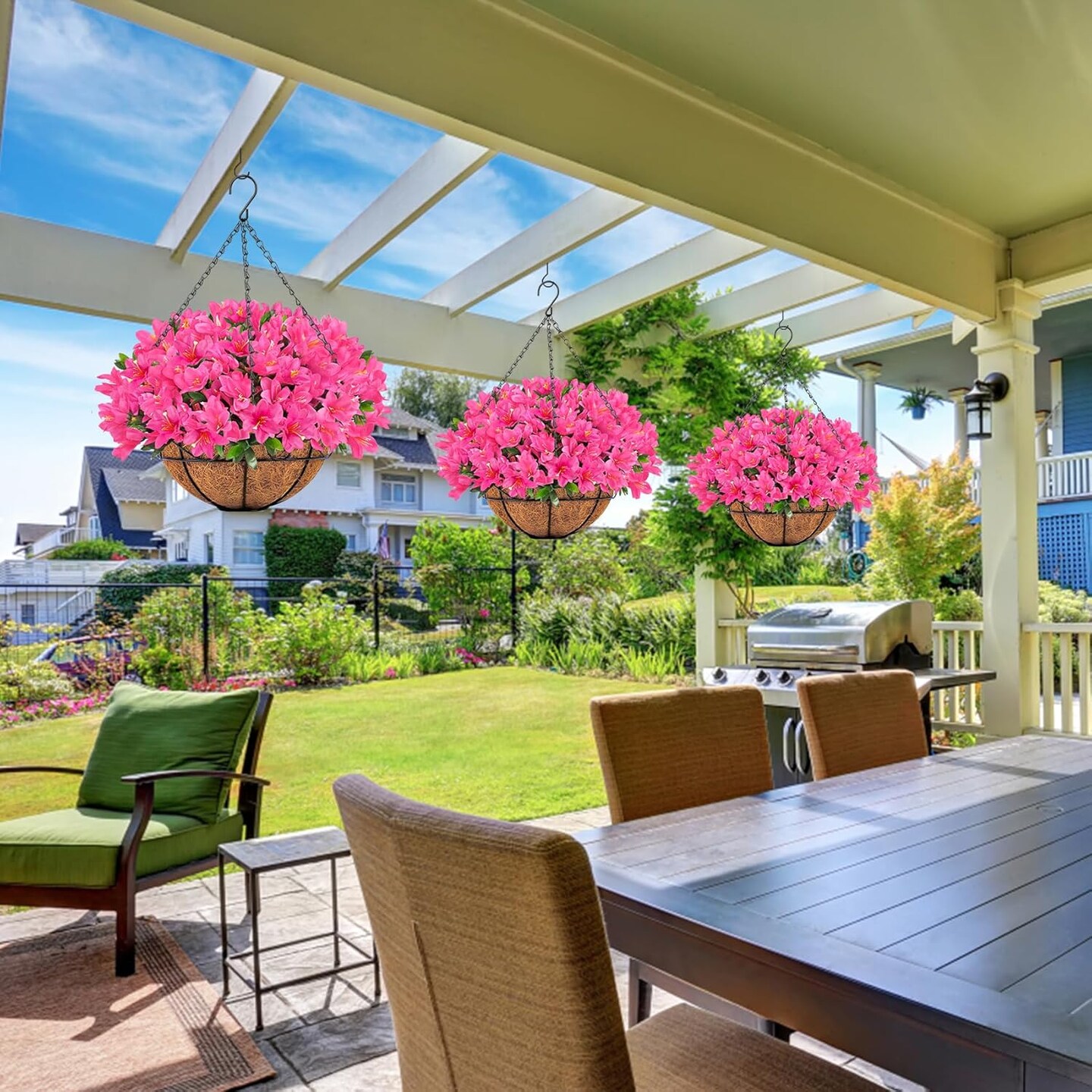 Decor Artificial Hanging Flowers, Fake Silk Azalea Plants with Coconut Lining Hanging Baskets Outdoor for Spring
