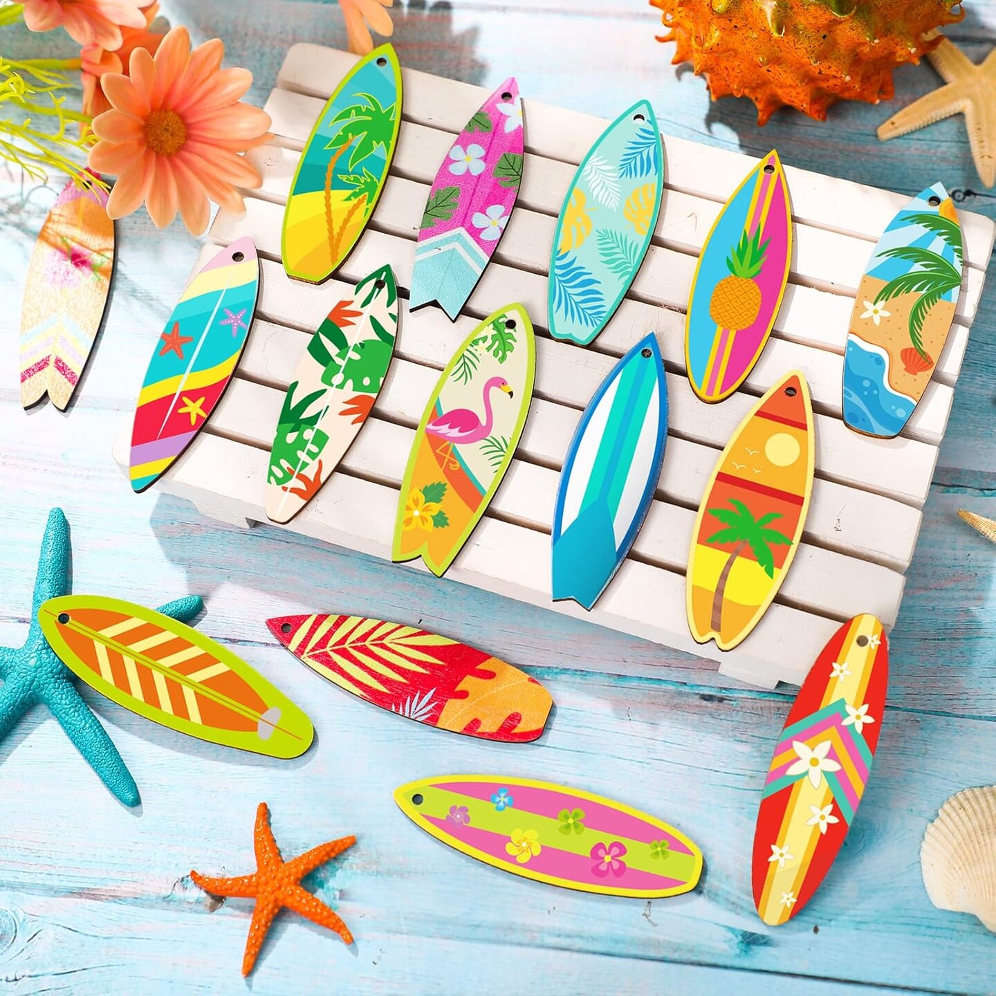 36 Pcs Summer Wood Hanging Ornaments for Tree Summer Tree Decorations Hawaiian Beach Wooden Pendant Decorations with String for Luau Party Supplies(Surfboard)