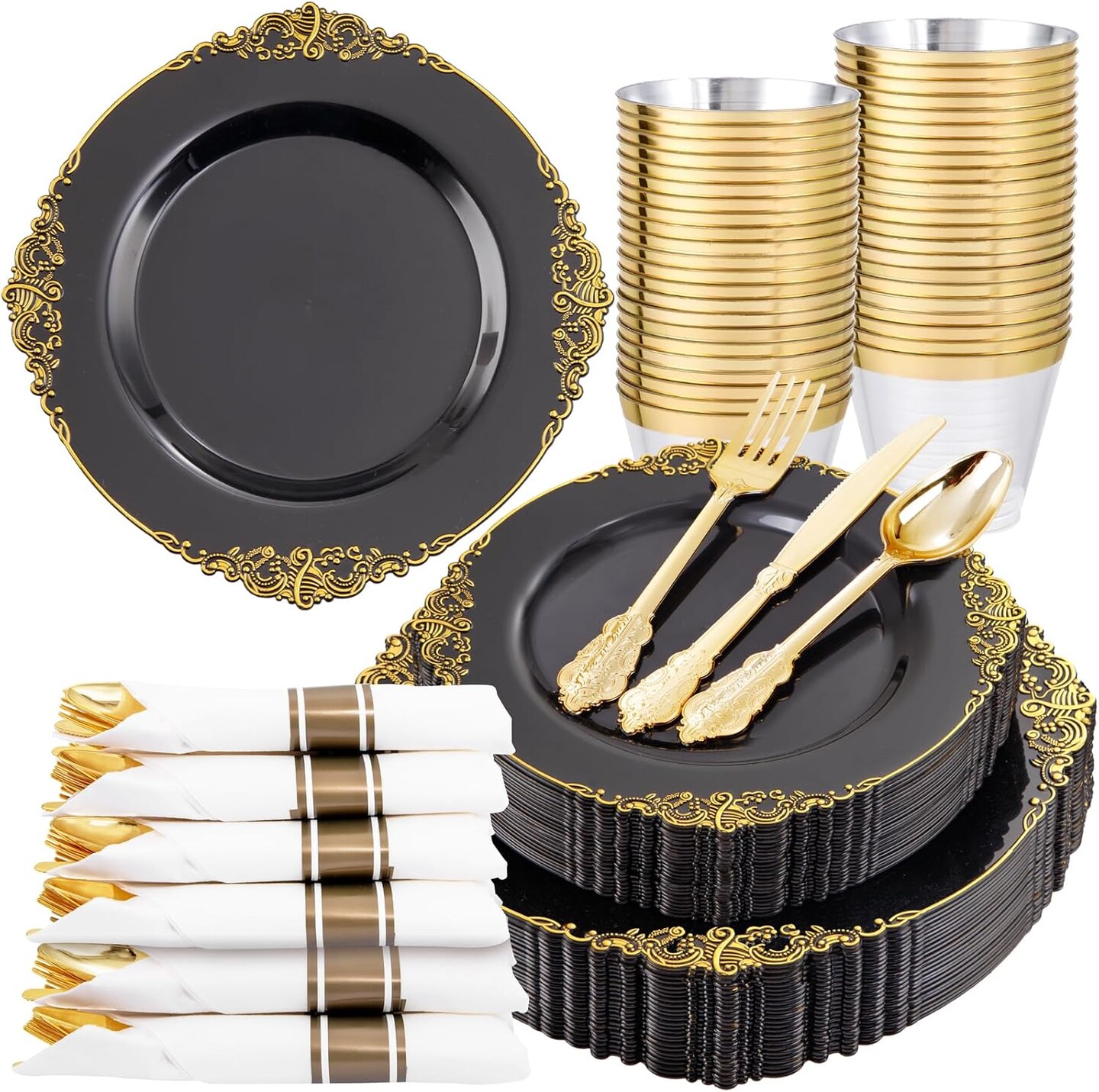 175PCS Black & Gold Disposable Dinnerware Set – Serves 25 Guests for Parties & Special Occasions