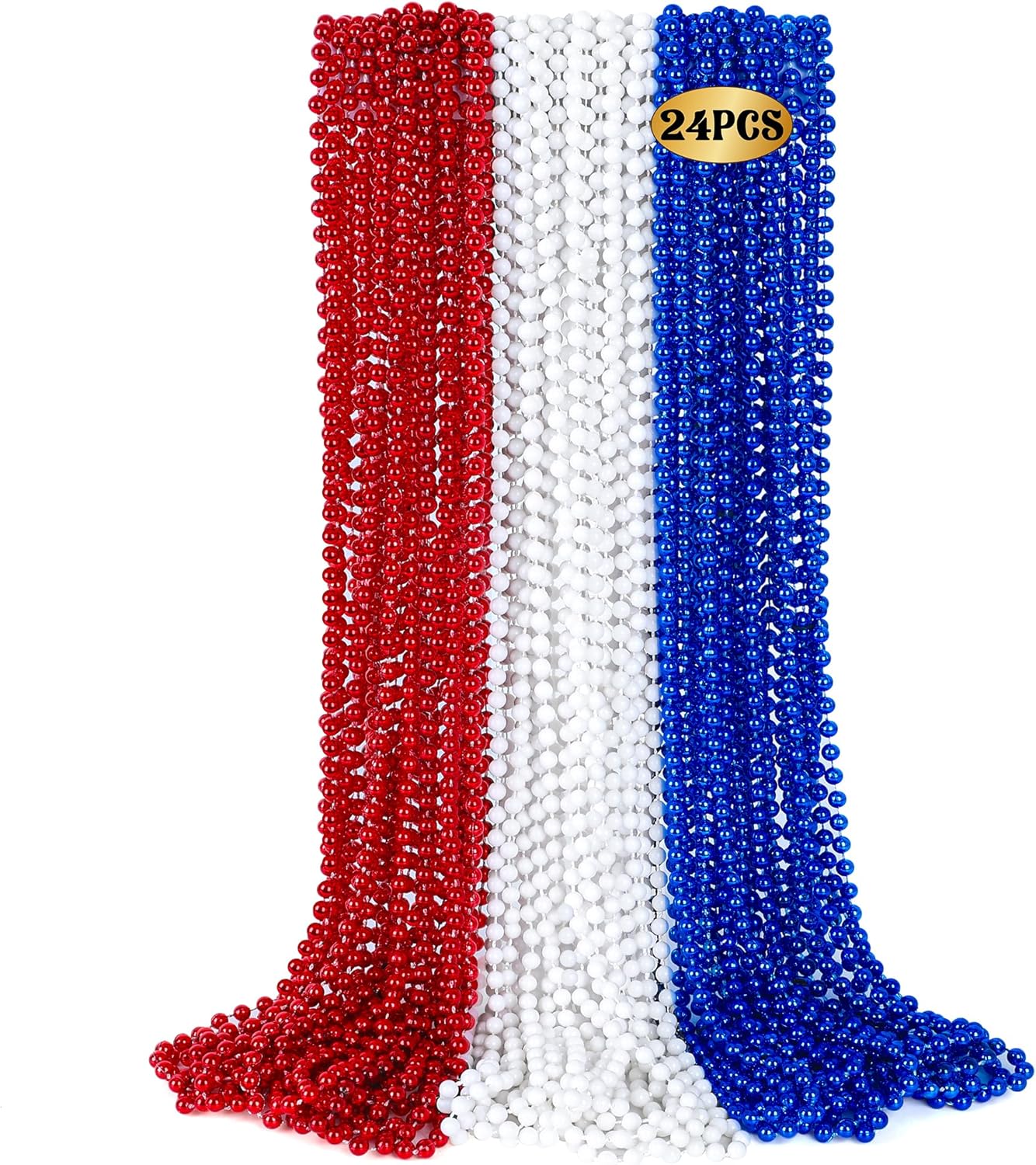 24 PCS Fourth of July Beaded Necklaces, 33" Red White Beads Necklaces Bulk, Independence Day Beads, Patriotic Parade Throw Accessories Set for 4th of July Party Decorations Favors Supplies