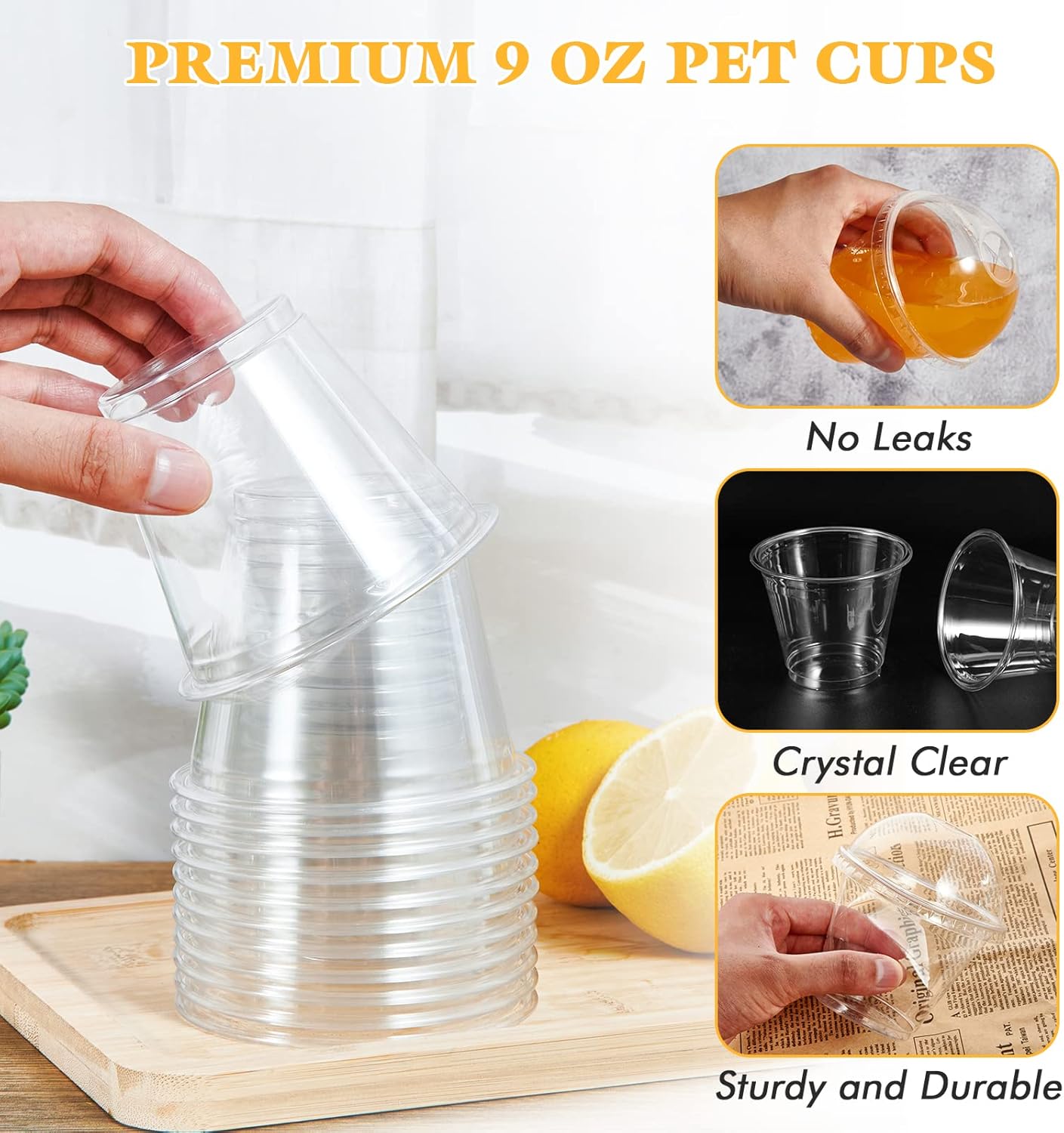 200 Pack 9 OZ PET Plastic Cups with Dome Lids, Crystal Disposable Plastic Cups For Parfait, Fruit, Desserts, Snacks, Yogurt, and Jelly