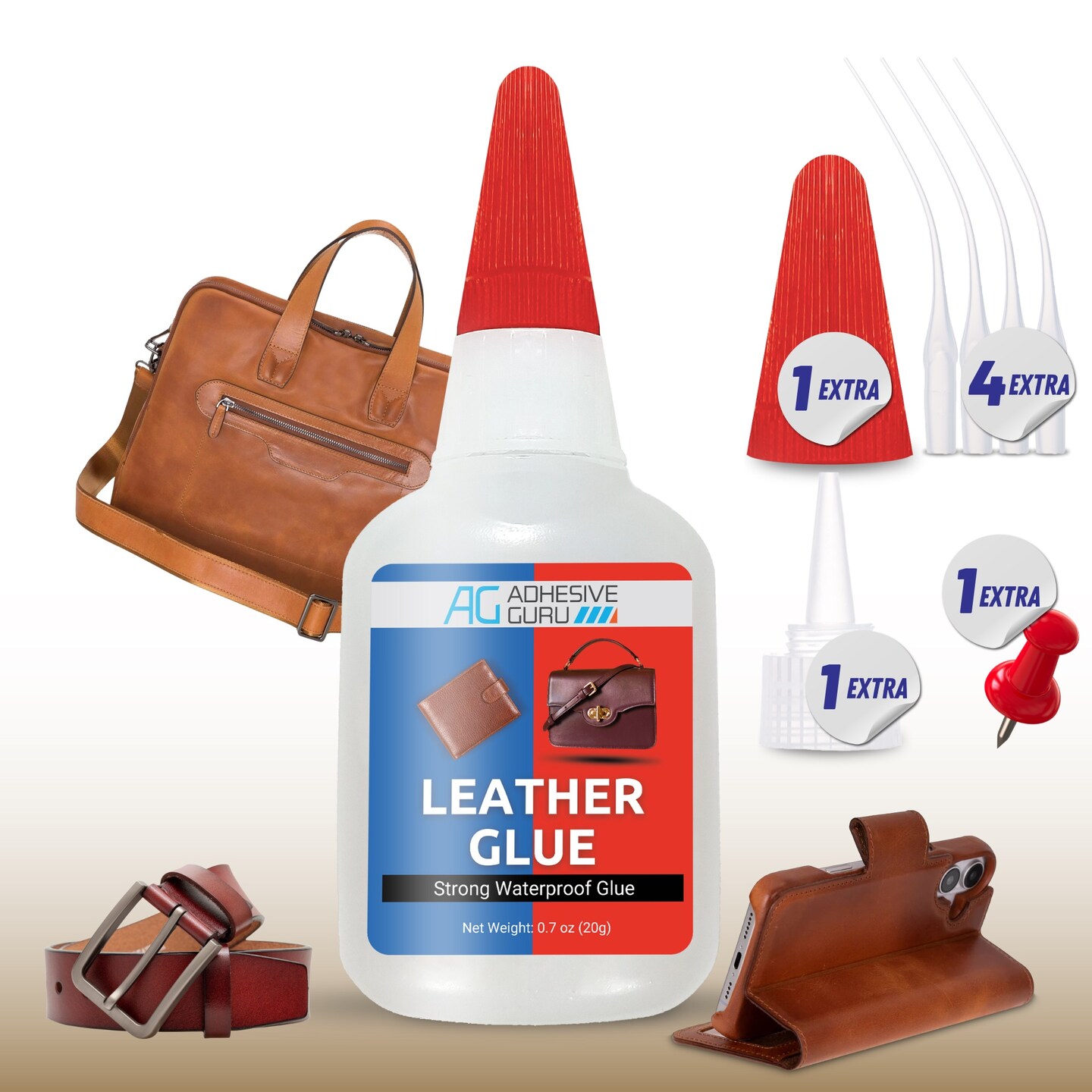ADHESIVE GURU Leather Glue 0.7 oz &#x2013; Clear, Fast-Setting Adhesive for Leather Repairs, Shoes, Bags &#x26; Furniture with Precision Tips