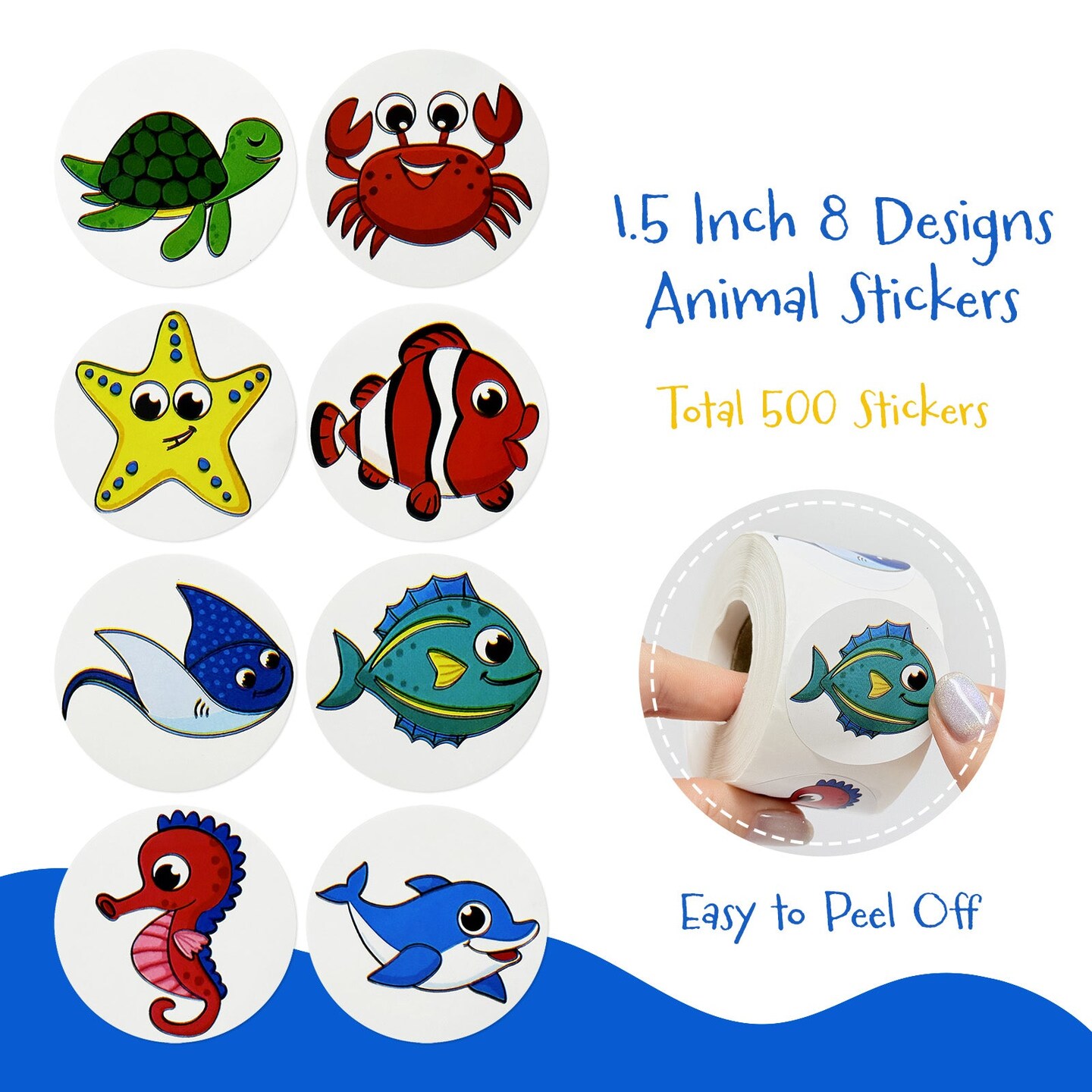 Wrapables Animal Sticker Roll, Stickers for Sealing Cards, Envelopes, Gift Boxes, Festive Party Favors (500pcs), Ocean