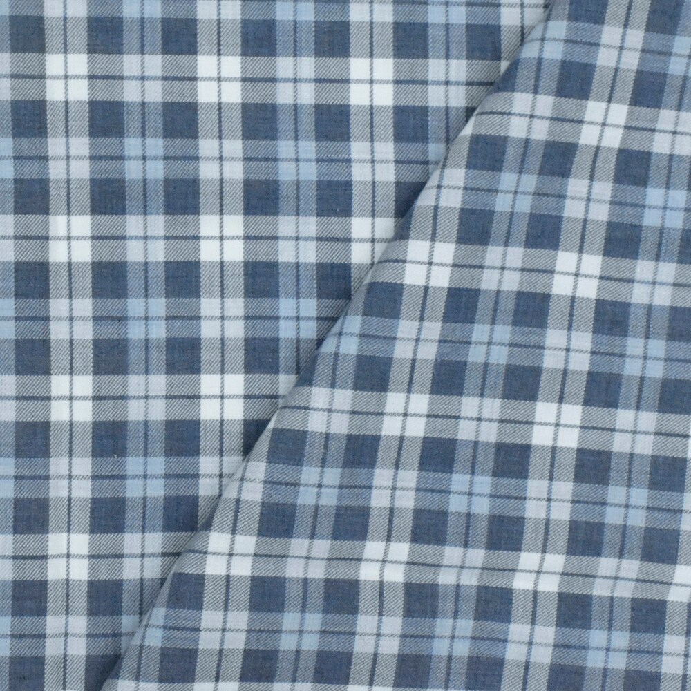 Blue-Navy-White Plaid Cotton Twill Woven Fabric By the Yard