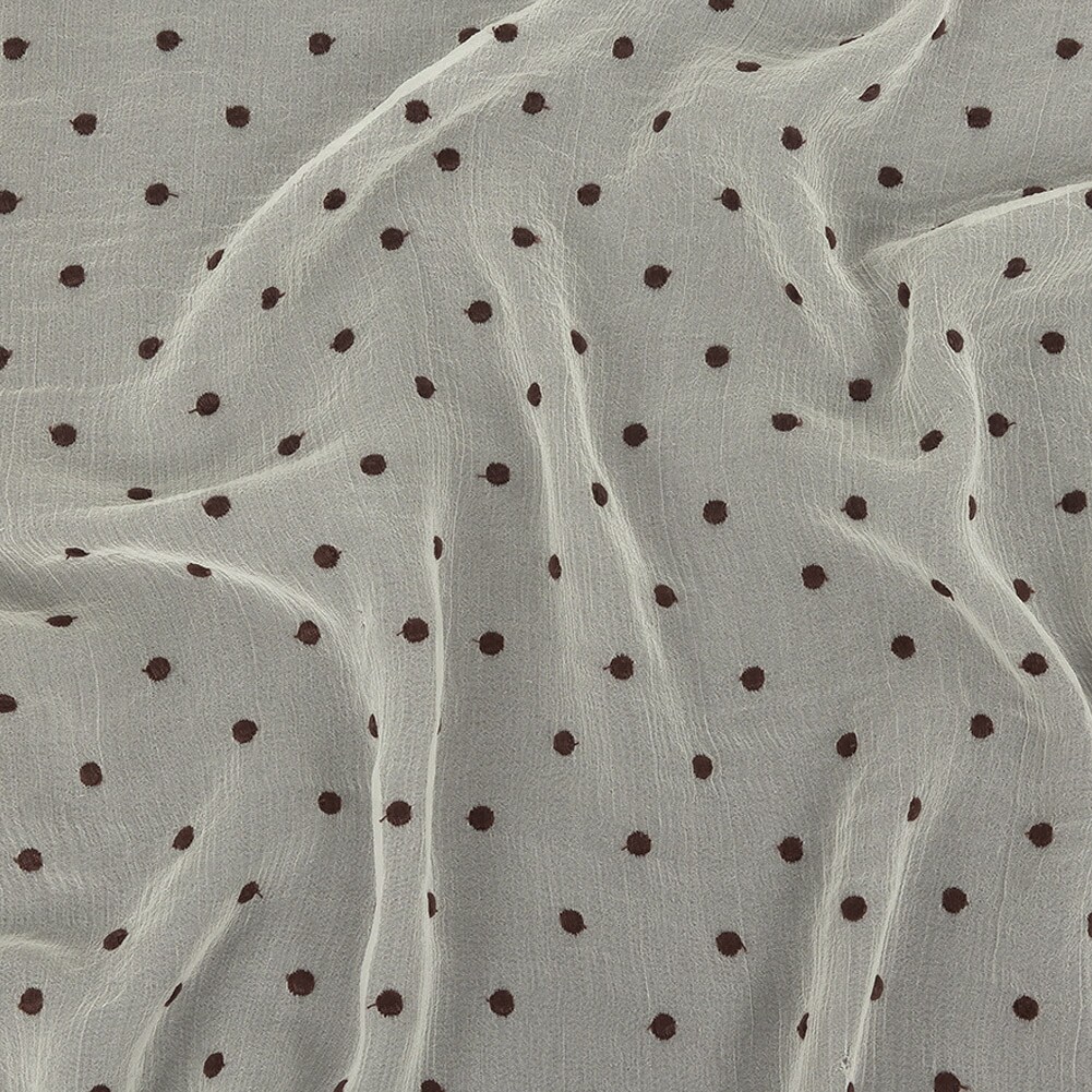 1 Yard Coconut Milk Chocolate Embroidered Dots Crinkled Silk Georgette Fabric 48 inch Width
